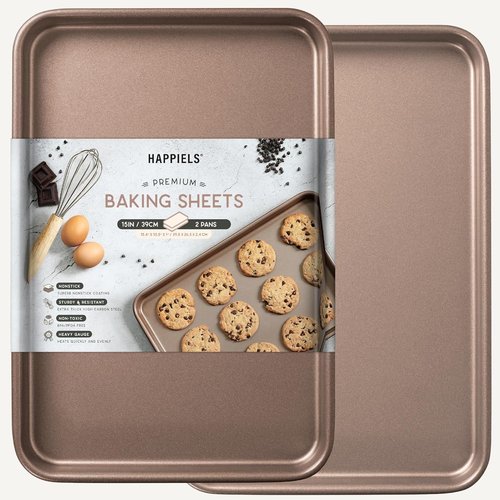 HAPPIELS Nonstick Baking Sheet Set of 2 - PFOA & BPA Free Carbon Steel Cookie Sheets | 15x10 Inch Jelly Roll Pans