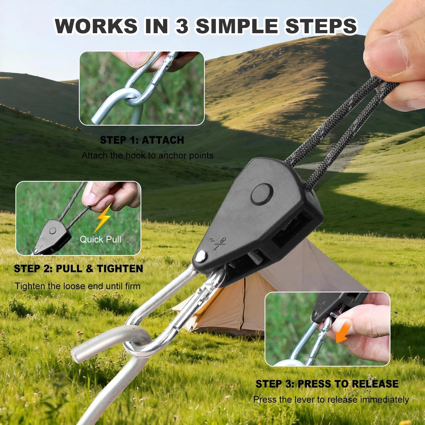 Longer 15ft Ratchet Strap Rope Tie Down Rope Rollers 6 Pack Paracord Tarps Tie Downs Small Cam Jam Retractable Paracord Ropes Tightener for Tent Canopy Use 1/8 inch