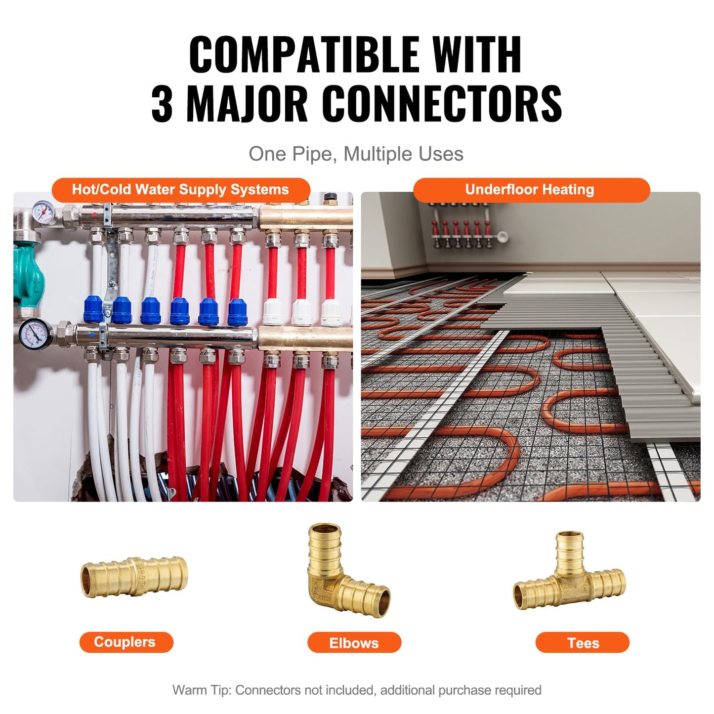 VEVOR PEX Pipe 3/4 Inch, 500 Feet Non-Oxygen Barrier PEX-B Flexible Pipe Tubing for Potable Water, for Hot/Cold Water & Easily Restore, Plumbing Applications with Free Cutter & Clamps,White