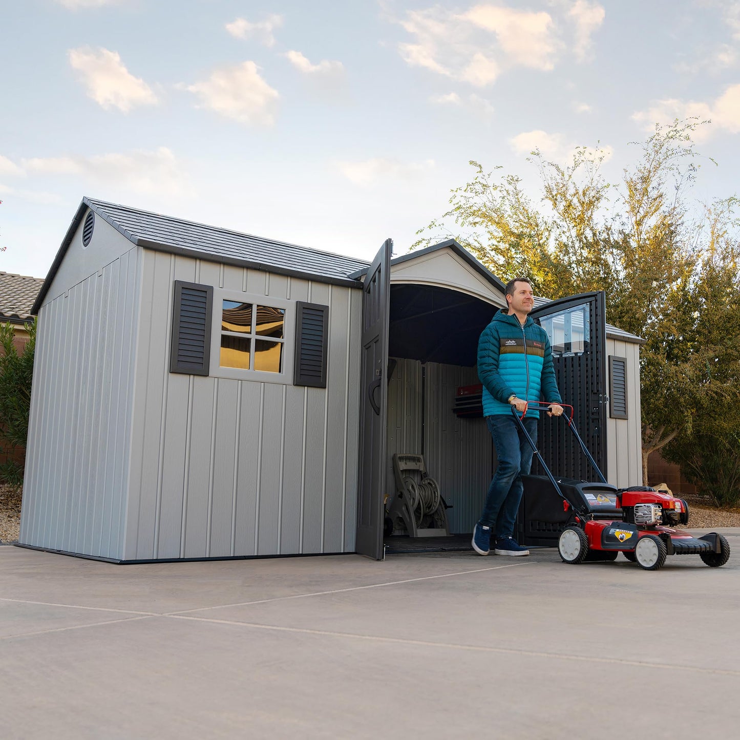 Lifetime Outdoor Storage Shed, 15x8 Ft, Gray, Resin Backyard Tool Shed with Lockable Doors and Weather-Resistant Panels