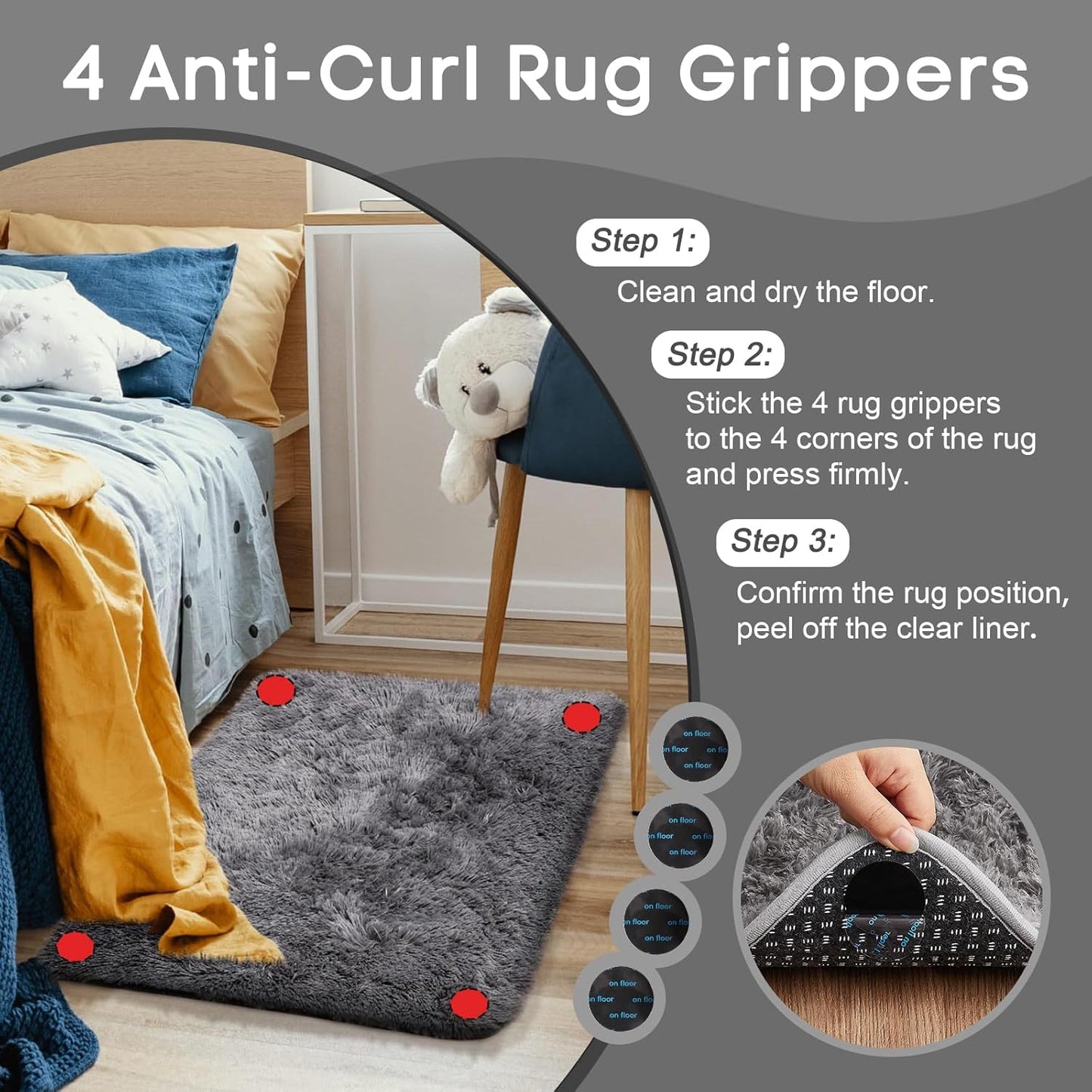 Ophanie Small Non-Slip Area Rug - Fluffy Soft Grey Mini Bedroom Carpet | 2x3 ft Indoor Mat for Home Decor