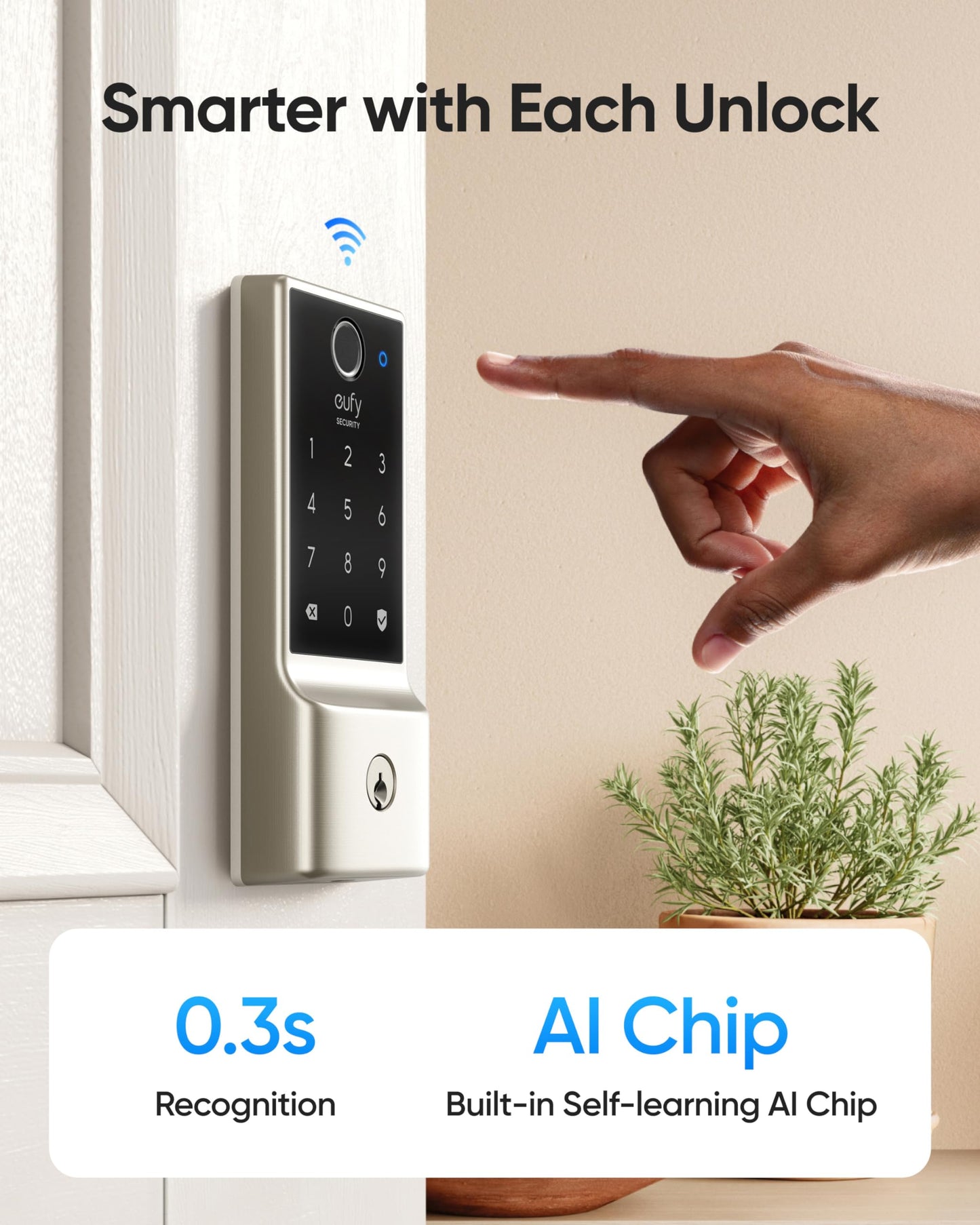 eufy Security Smart Lock C220, Fingerprint Keyless Entry Door Lock, Built-in Wi-Fi, App Remote Control, Front Door Smart Deadbolt, IP53 Waterproof, 8-Months Battery, Nickel
