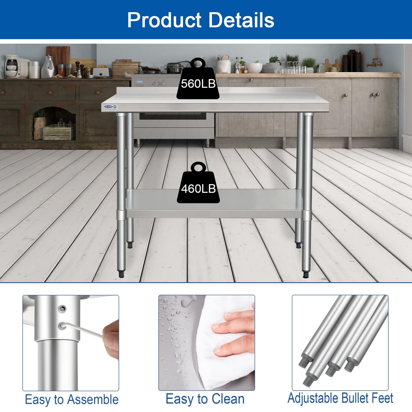 HARDURA Stainless Steel Table with Backsplash Metel Prep Table Commercial Kitchen Workbench 24x60 Inches NSF