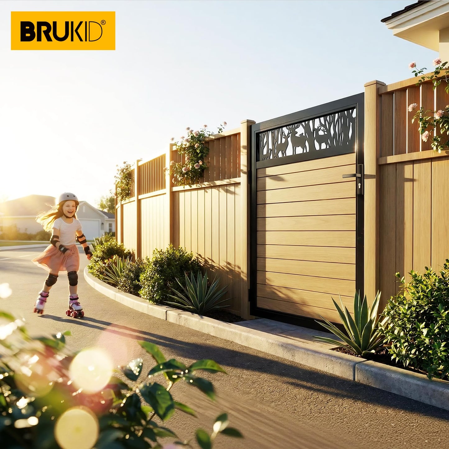 Brukid 4x5 FT Aluminum Fence Gate Kit Wood Grain Aluminum Gate with Decorative Cutout, Lock & Hinges, Left/Right Opening, Weather Resistant for Yard Garden Patio