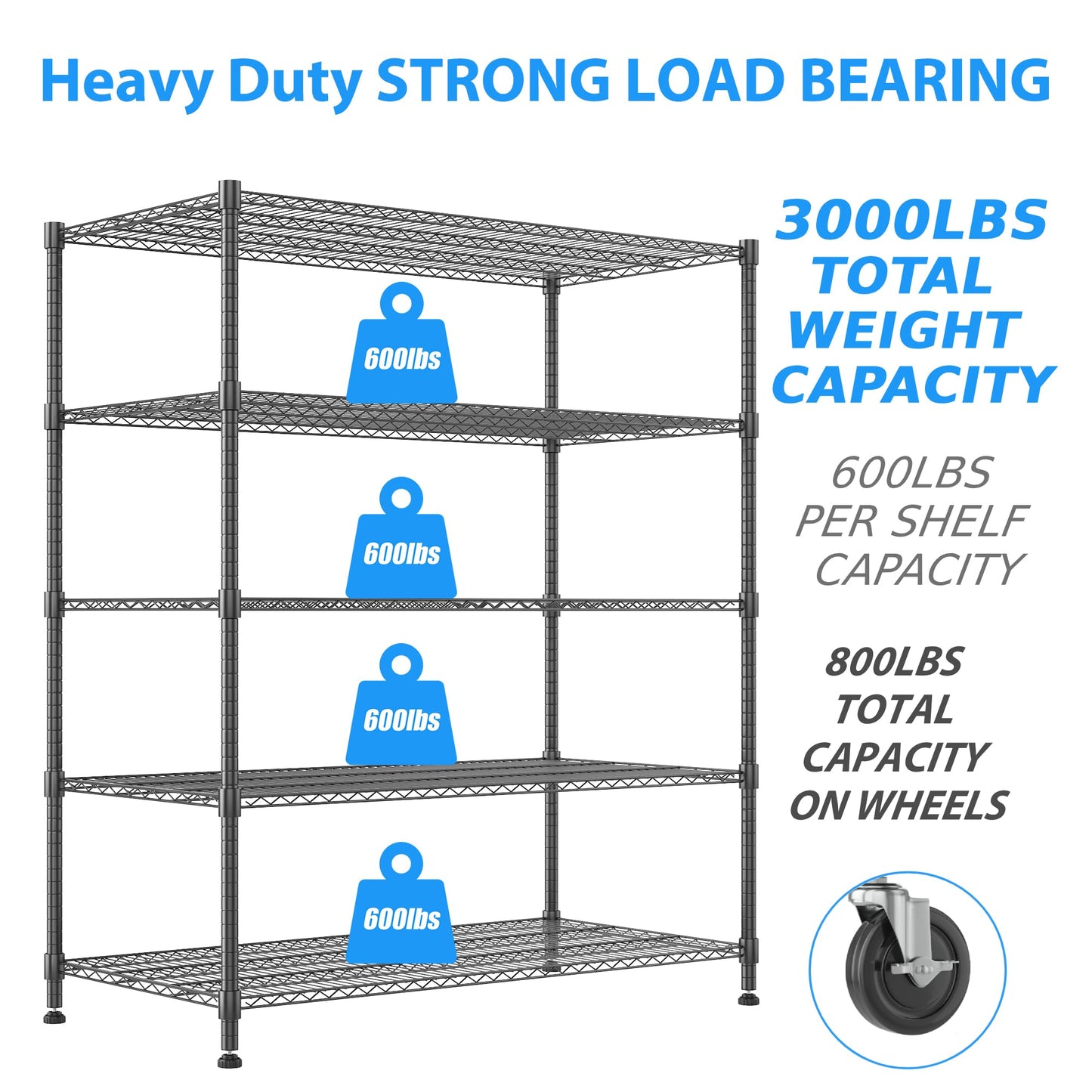Homdox Heavy Duty Storage Shelves, 5 Tier Wire Shelving Unit with Wheels, Commercial Adjustable Metal Shelves for Storage, Garage Rack Pantry Shelves Kitchen Shelving, 18"x48"x82", Black