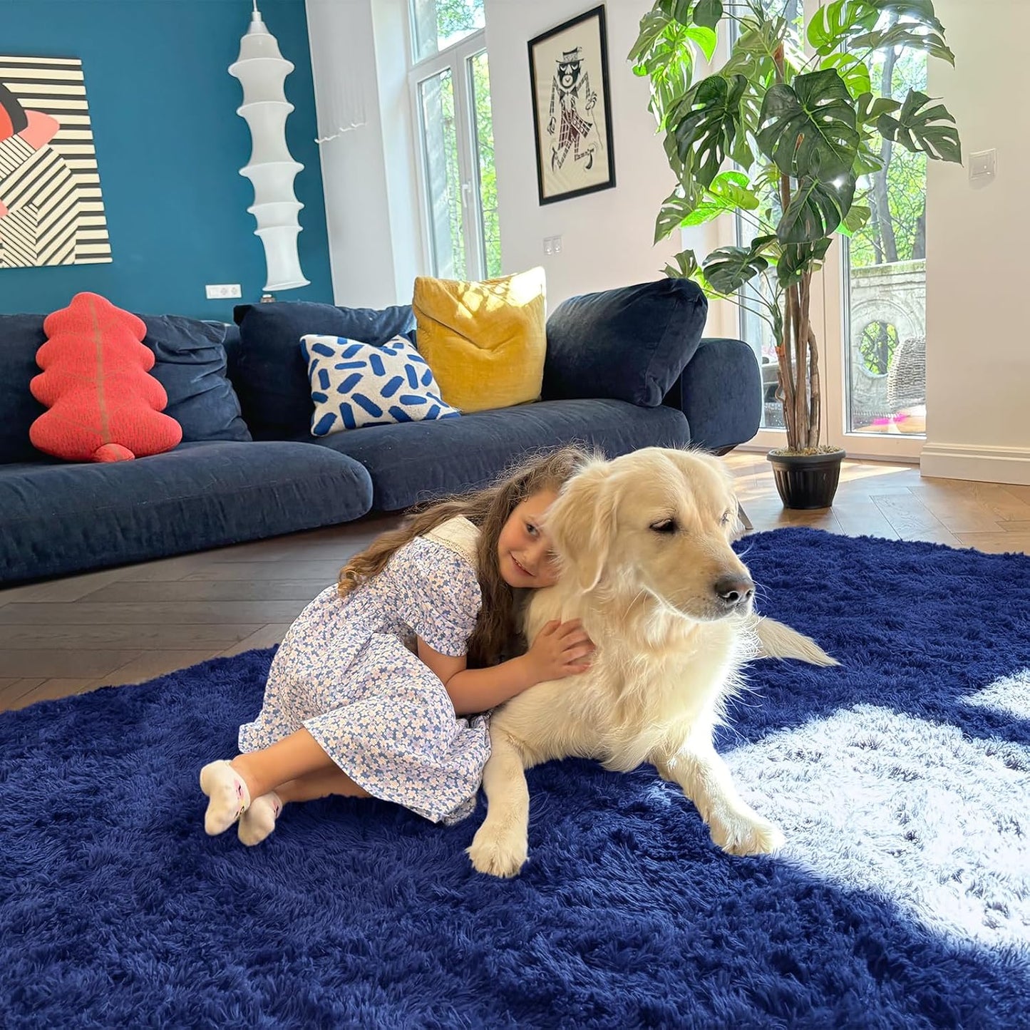 OLANLY Soft Fluffy Shaggy Bedside Rug - 3x3 Machine Washable Indoor Carpet in Navy Blue