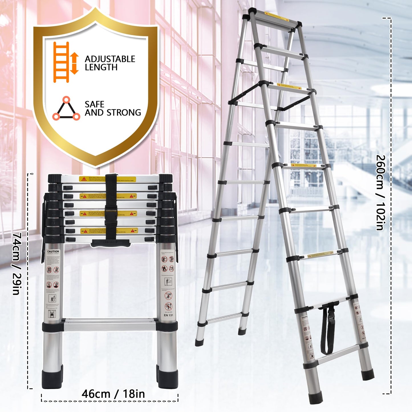 8.53 FT A-Frame Aluminium Telescoping Ladder,9+9 Step Ladder,330LB Load Capacity,Portable Telescopic Folding Extension Ladder Heavy Duty Collapsible (2.6m+2.6m/8.53FT+8.53FT A Frame)