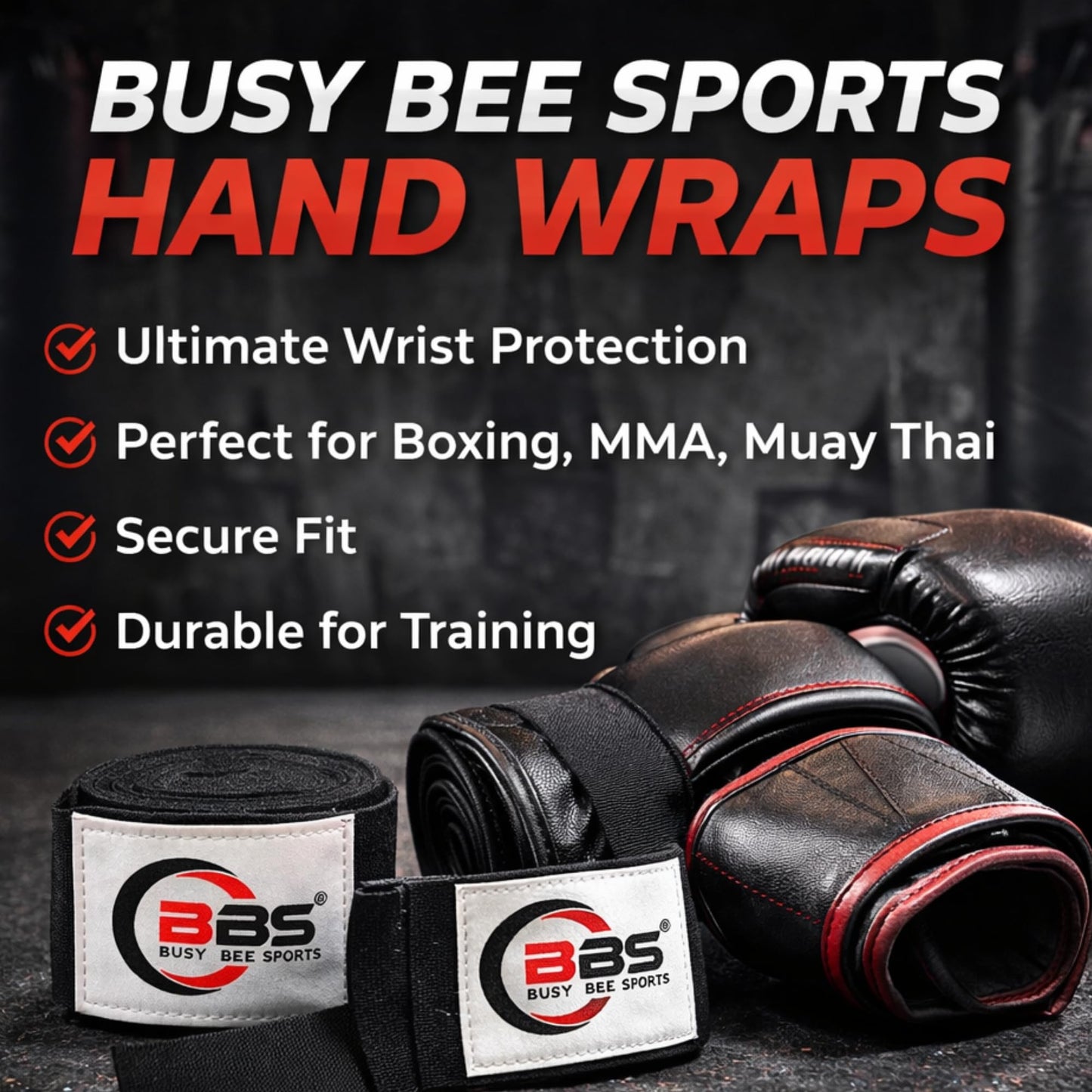 Busy Bee Sports Boxing Hand Wraps 180" – Elastic Cotton MMA, Muay Thai & Kickboxing Wraps – Thumb Loop & Hook & Loop Closure – Wrist & Knuckle Support (Pair)