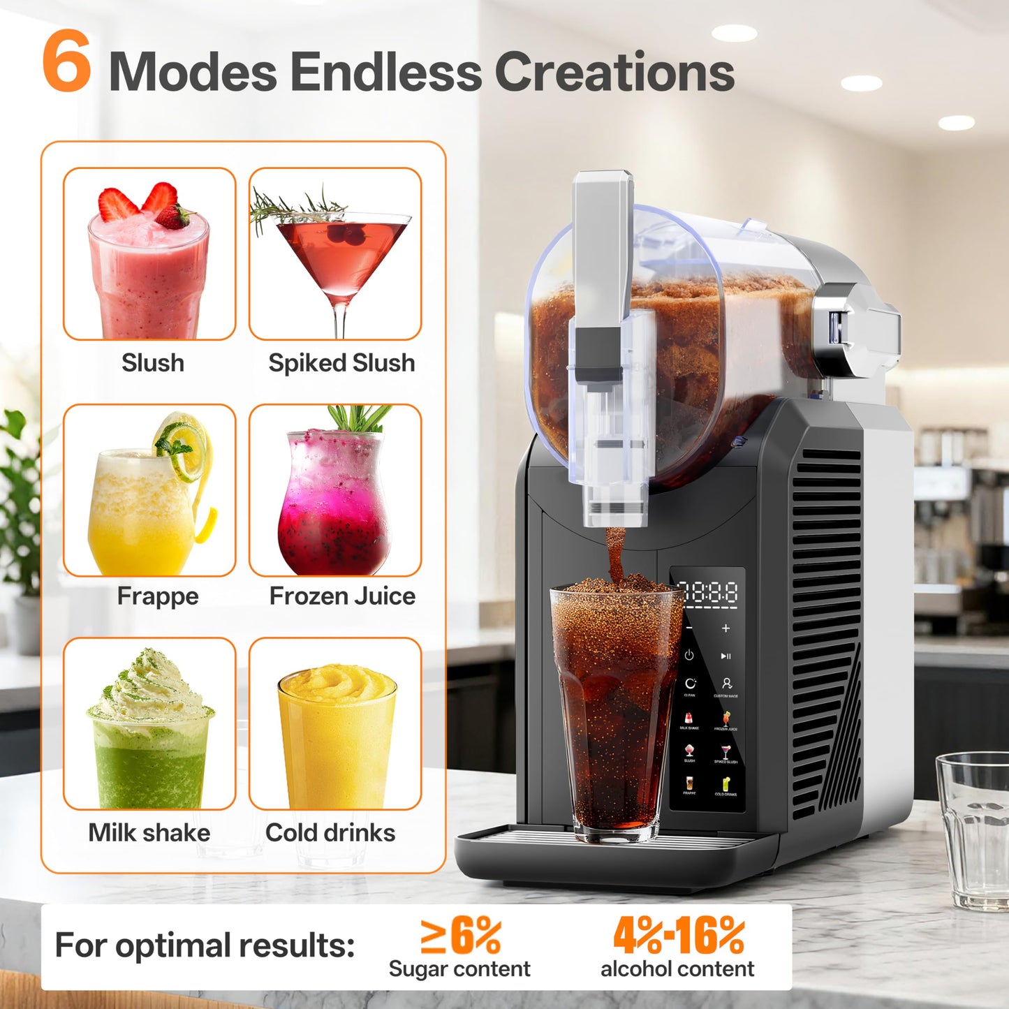 ZABINS Slushie Machine, 2L/68oz Slushy Machine for Home & Party, 6 Presets Frozen Drink Maker with Self‑Cleaning & LED Display, No Ice Needed, Ideal for Margaritas, Frappés, Milkshakes