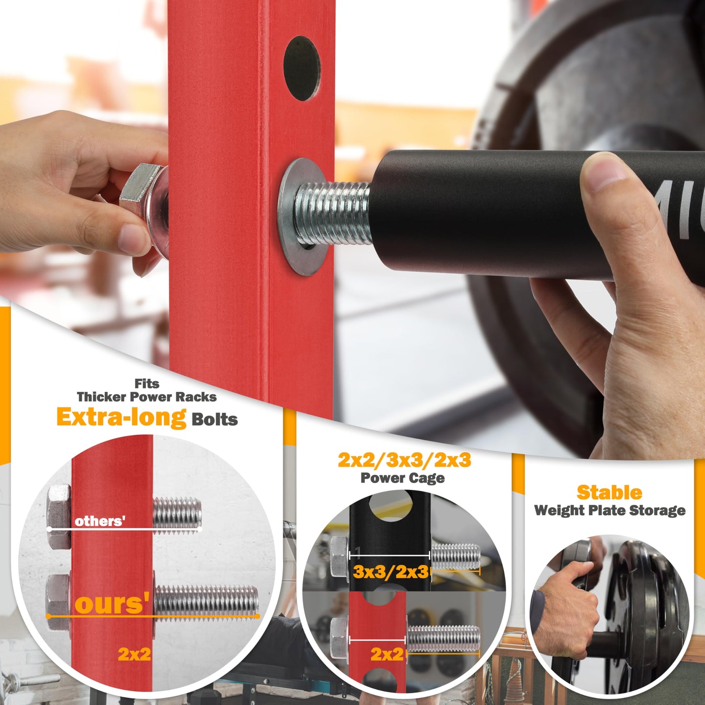 MIUONO Weight Plate Holder, Power Rack Attachments Squat Rack Weight Plate Holder Storage for 2 inch Olympic Plates, 2x2 3x3 2x3 Power Cage for 1 inch holes (4 Pack)