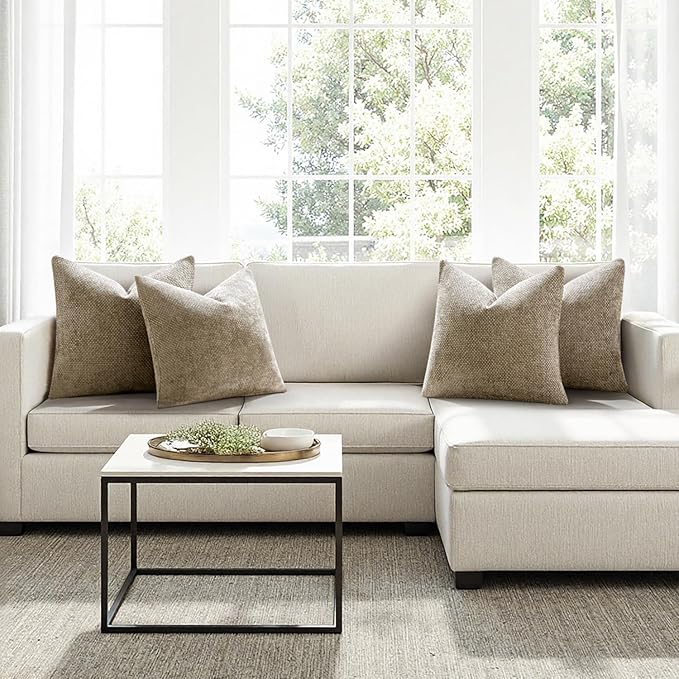 MIULEE Pack of 4 Couch Throw Pillow Covers 22x22 Inch Khaki Soft Decorative Chenille Pillow Covers Farmhouse Accent Cushion Covers for Boho Home Decor Sofa Bedroom Living Room