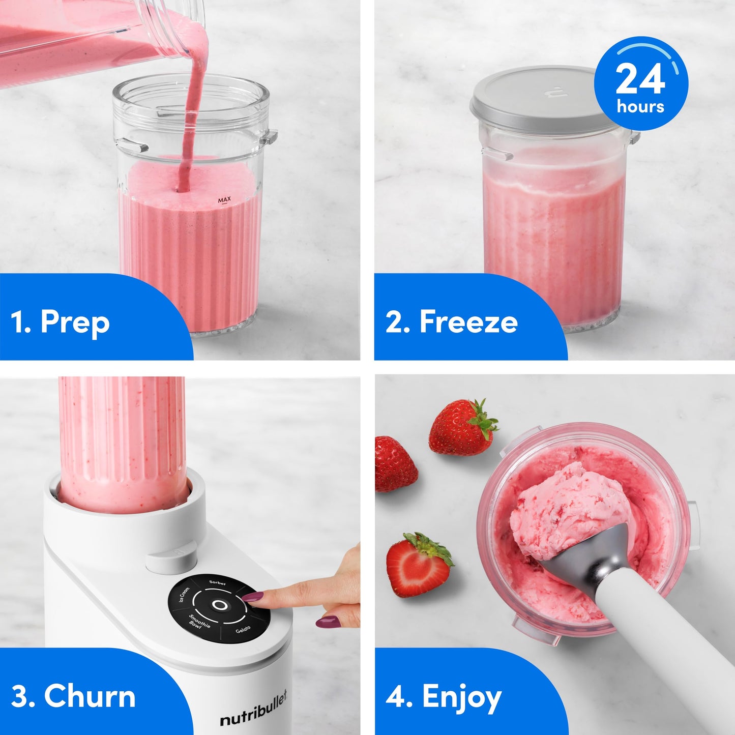 nutribullet Chill Ice Cream Maker, for Gelato, Sorbet, Frozen Yogurt, Smoothie Bowls, Compact Size, (2) Dishwasher Safe 16 oz. Pint Cups with Lids, White, NBD50100AW