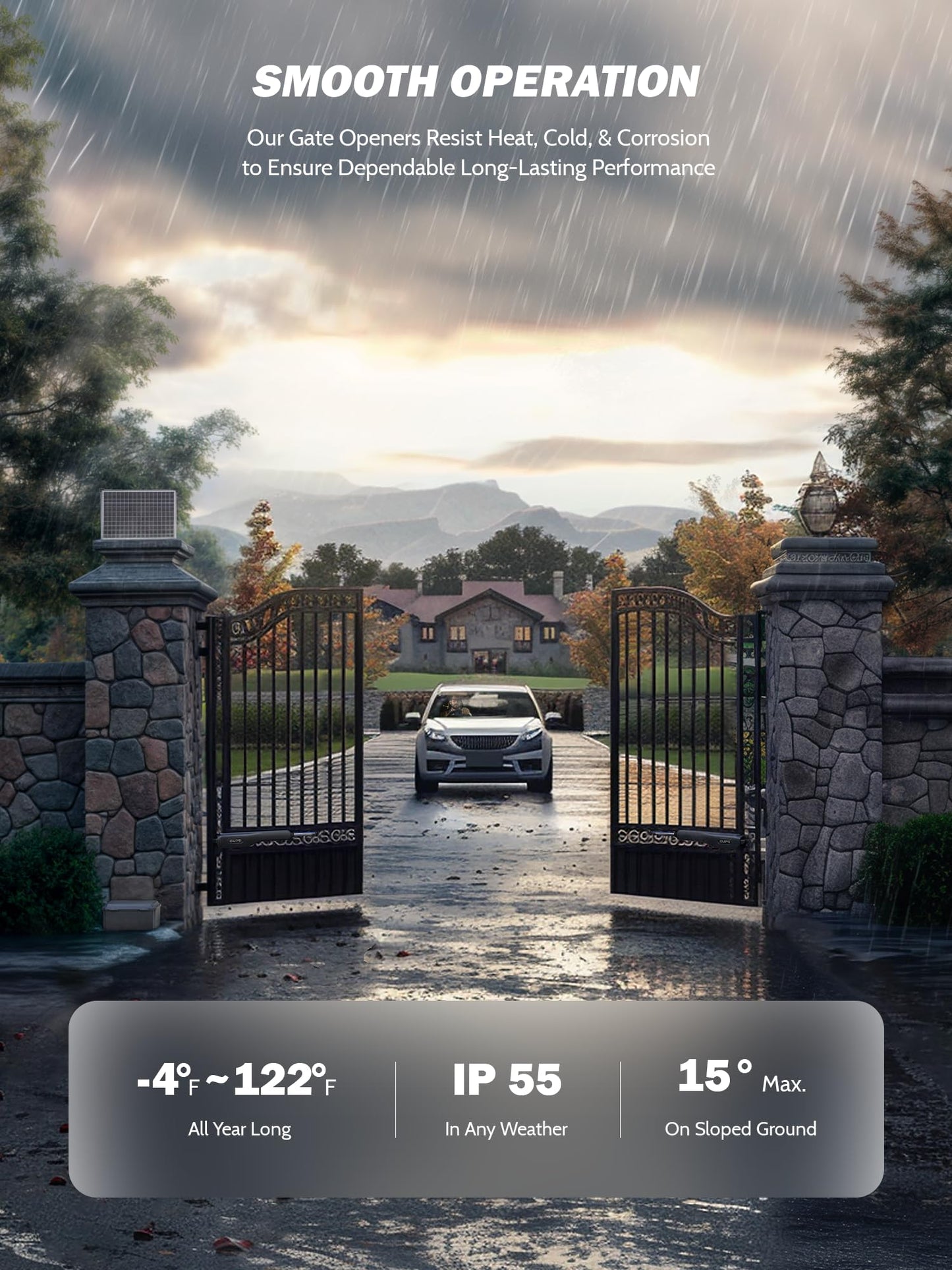 ZUMI Smart Solar Gate Openerfor Gates up to 1100lb 20ft, App Control Swing Gate Opener Electric Gate Opener Automatic Gate Opener with Remote Control for Home Driveway Garden