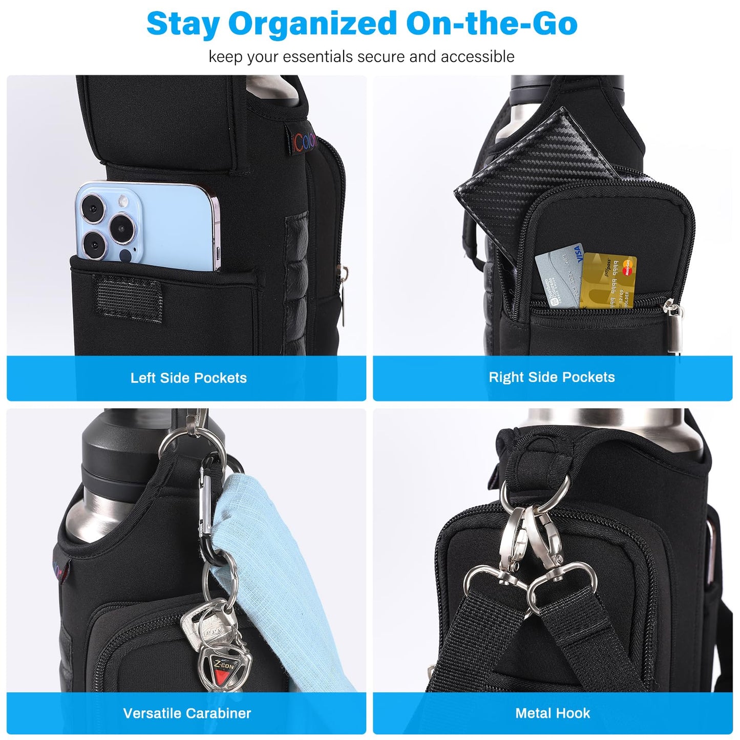 icolor Magnetic Gym Bag Water Bottle Holder with Phone Pockets & Shoulder Strap,5 Built-in Magnets Gym Bottle Pouch Carrier Sleeve,Sling Magnetic Bag Gym Accessories Organizer for Men Women
