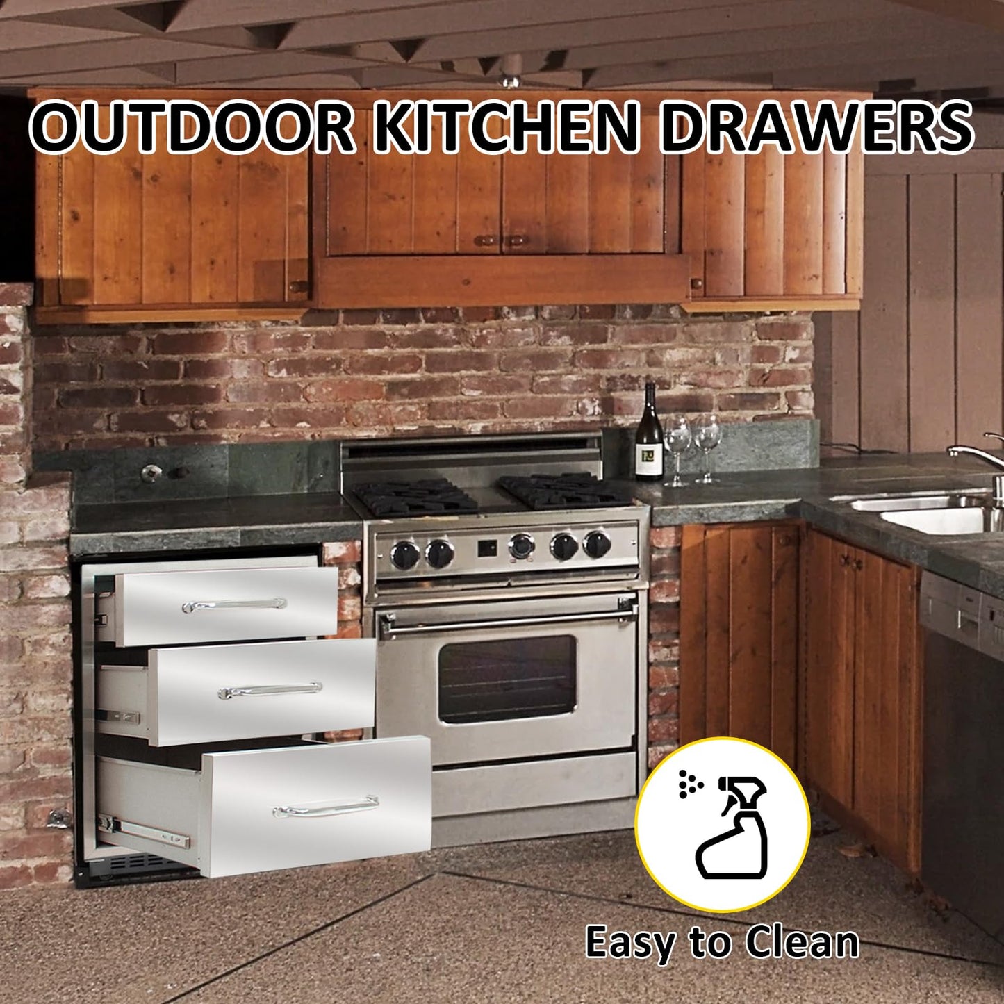 SGOLAN Outdoor Kitchen Drawers 18" W x 21" H x 23" D Flush Mount Triple BBQ Drawers with Chrome Handle Stainless Steel Drawer for Outdoor Kitchen Island, Patio Grill Station