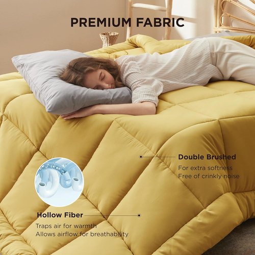 Bedsure Comforter Duvet Insert - All-Season Queen Size Quilted Down Alternative Bedding | Mustard Yellow, 88 x 88 Inches