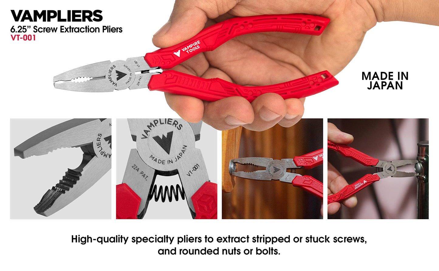 VAMPLIERS 3-PC Screw Extractor Pliers Set. Made in Japan: 8" Linesman, 7" Long Nose & 6.25" Combination Pliers. Stripped Screw Removal Tools with Unique Non-Slip Jaws & Wire Cutter.