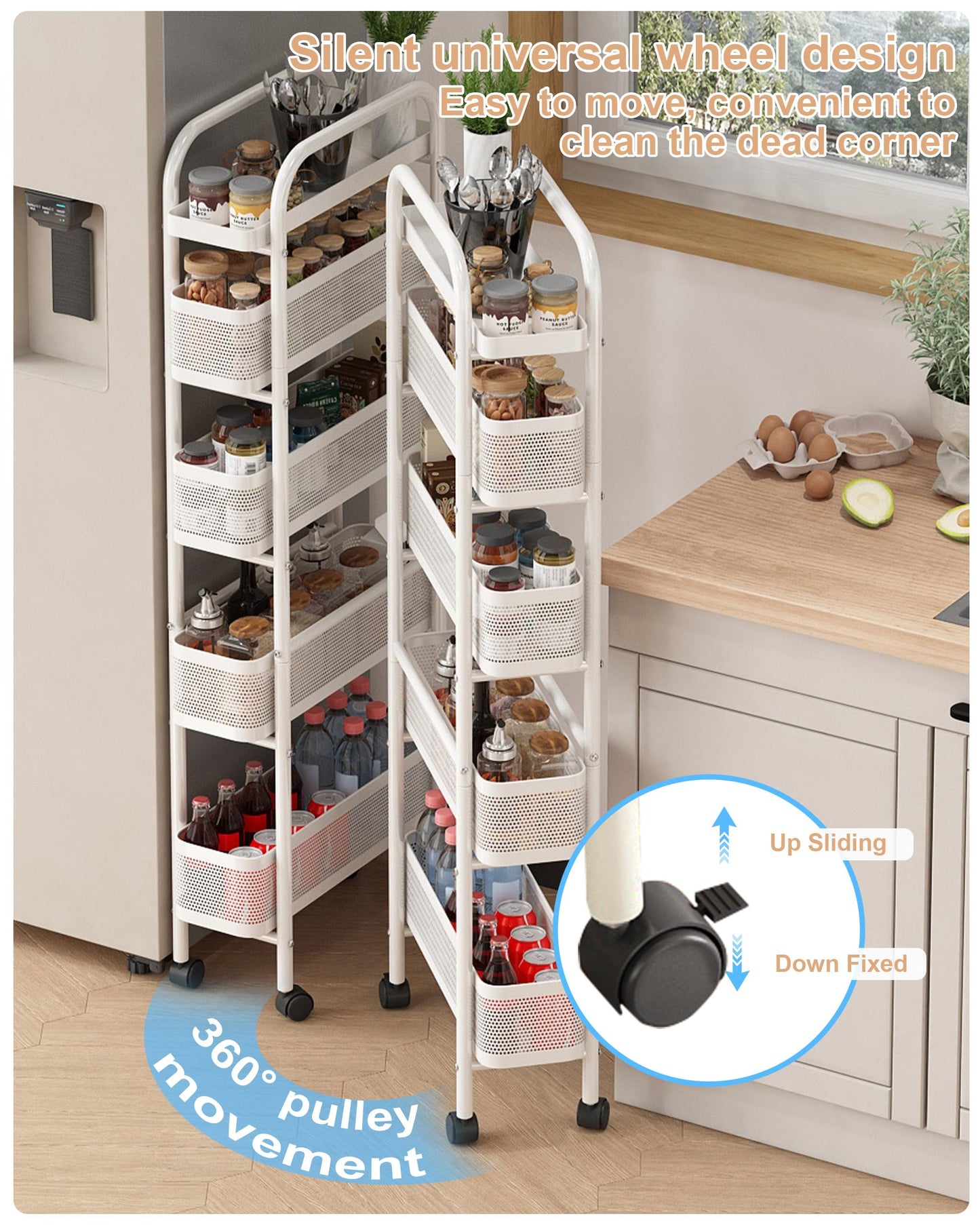 UMDONX Slim Storage Cart 5 Tier with Pull Out Basket Bathroom Organizer Rolling cart, Rolling Utility Cart Slide Out Organizer for Kitchen, Bathroom, Laundry White