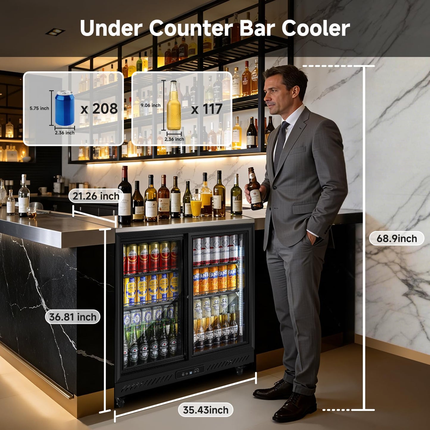 BODEGA BODEGACOOLER Back Bar Cooler,7.7 Cu.ft Commercial Beverage Refrigerator with 2 Sliding Glass Doors, Stainless Steel Top,Beverage Fridge Perfect for Beer,Wine,Soda,DOE Approved