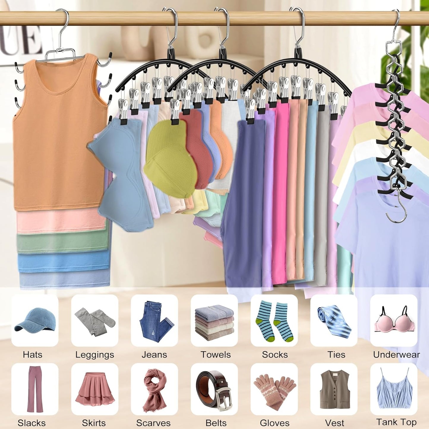 Skiennix Legging Hangers - Space-Saving Closet Organizer with 10 Clips & Tank Top Hanger | 2 Pack