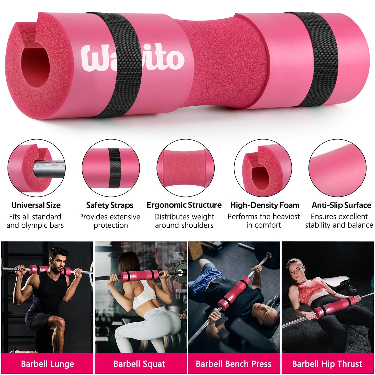 WALITO 8Pcs Barbell Pad Set for Hip Thrust - Squat Pad,Gym Accessories for Women with Bar Bad,Bench Press, with Gym Ankle Straps,Resistance Bands for Working Out,Lifting Strap,Carry Bag (1-Pink)