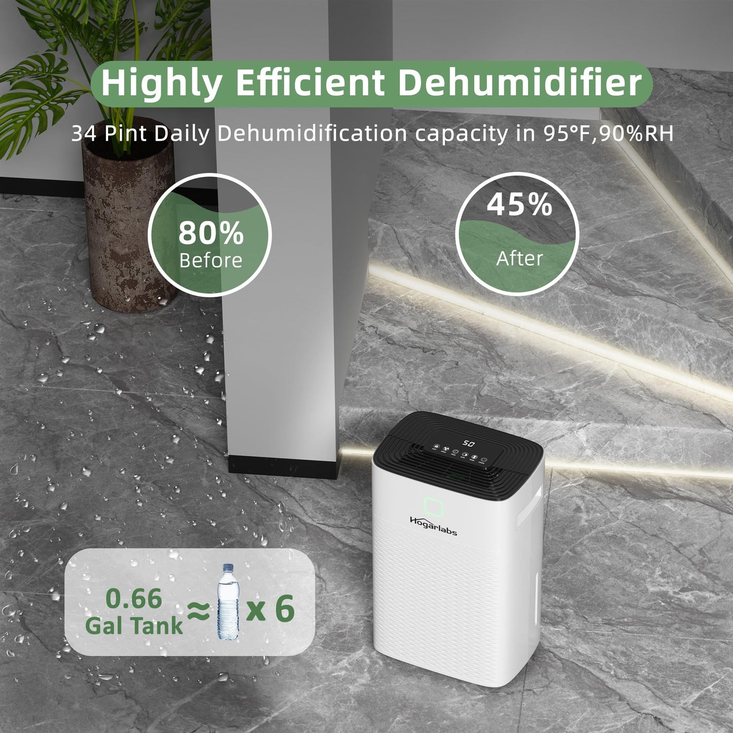 HOGARLABS 30 Pint Dehumidifiers for Home and Basements, with 3 Working Modes, Overflow Protection, and Auto Shut off Restart. Ultra Silent Dehumidifier with Drain Hose and Digital Control Panel.