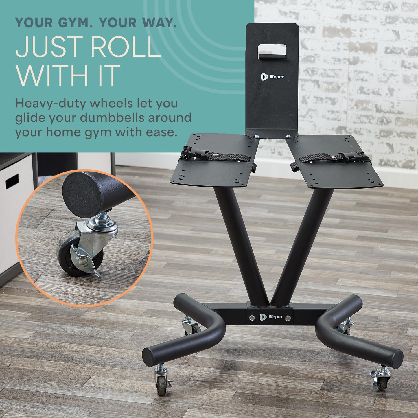 Lifepro PowerFlow Pro Stand — Adjustable Dumbbell Stand & Rack with Locking Wheels Phone/Tablet Holder — Compatible with PowerFlow Plus, PowerUp Plus & Other Brands – Smart, Space-Saving for Home Gym