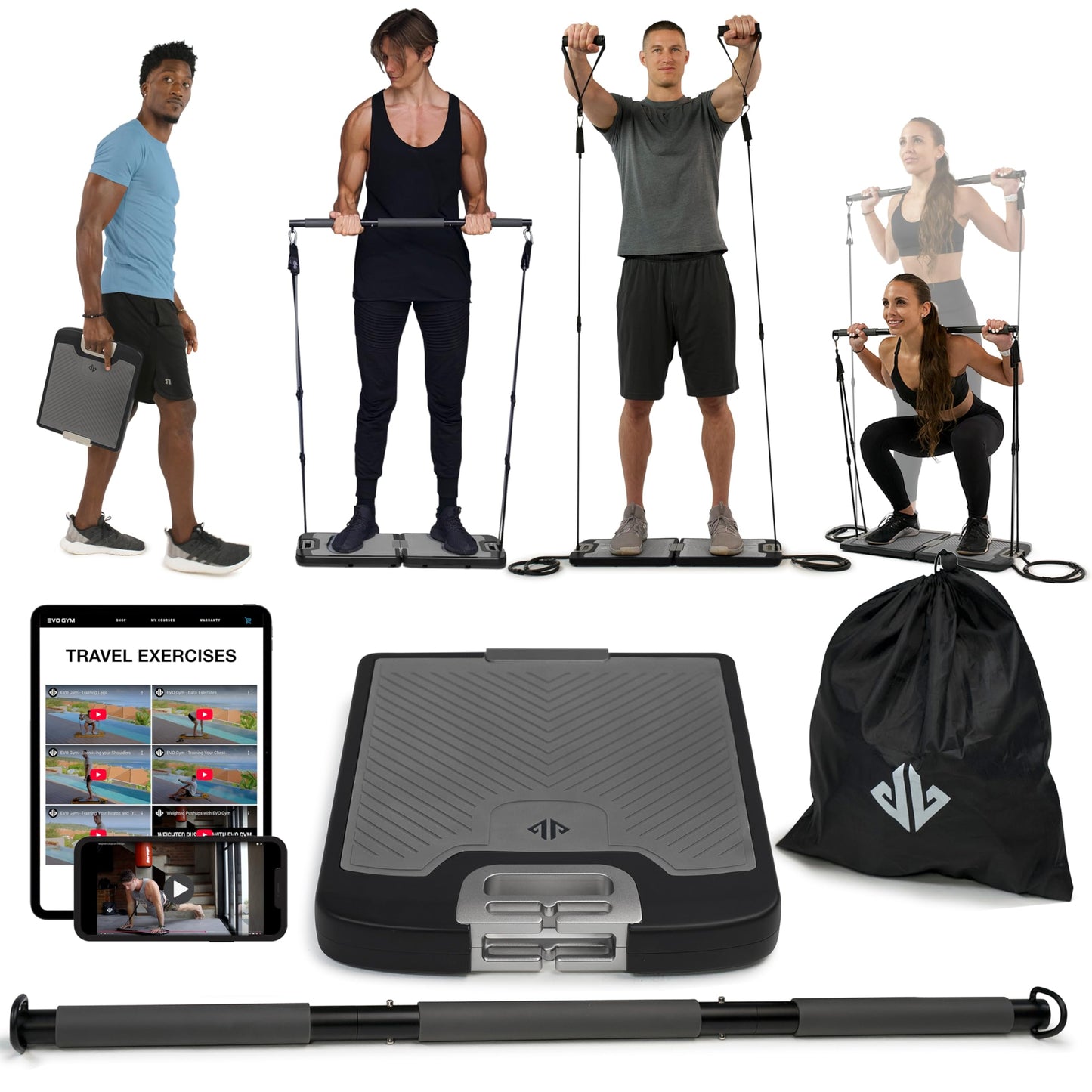 EVO Gym - Portable Home Gym Strength Training Equipment, At Home Gym | All in One Gym - 8 Resistance Bands, Base Holds Gym Bar & Handles for Travel | Portable Gym & Home Exercise Equipment | 220LBS