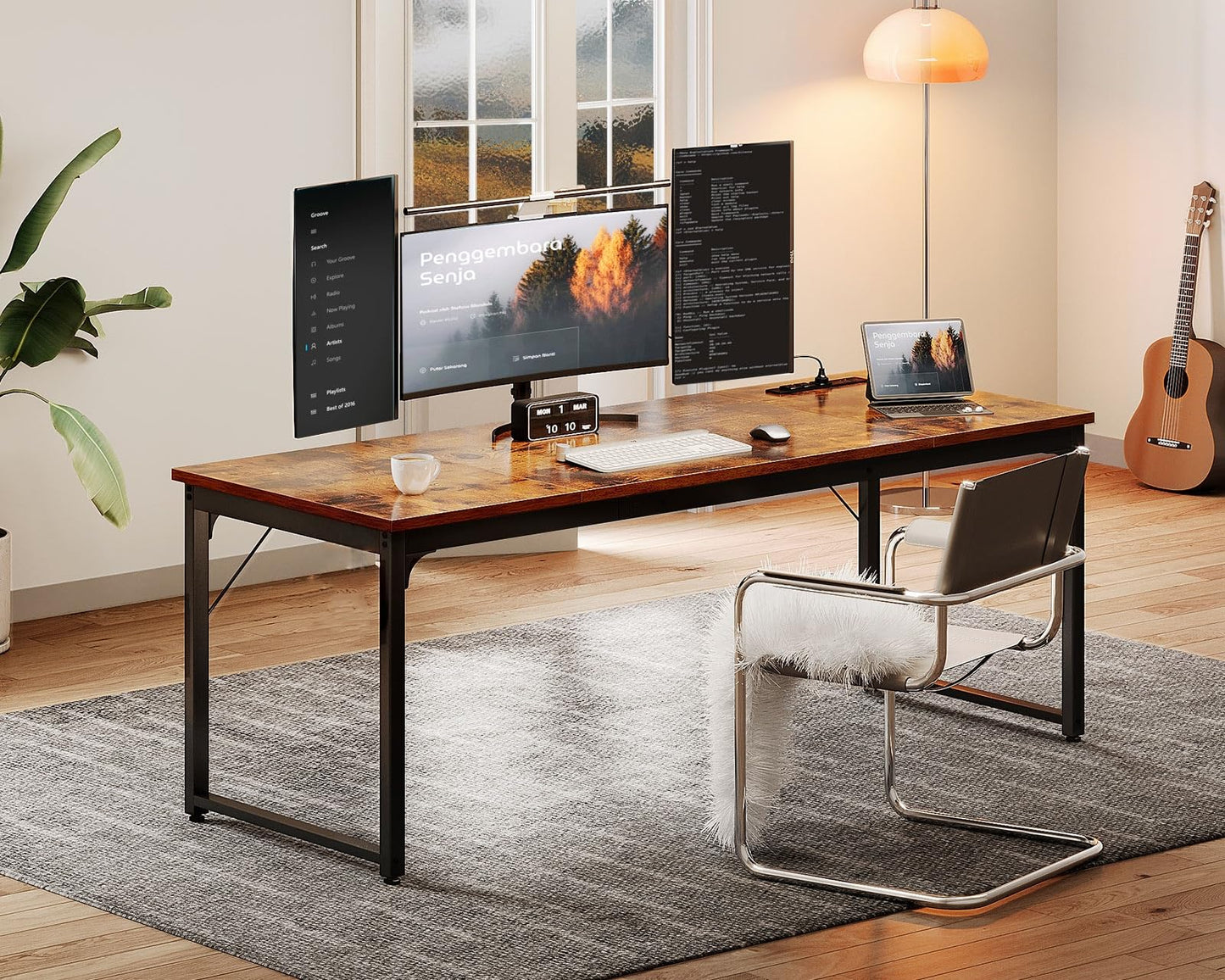 Coleshome 71 Inch Computer Desk with USB Ports, Large Office Desk, Long Study Student Writing Desk, Rustic Brown