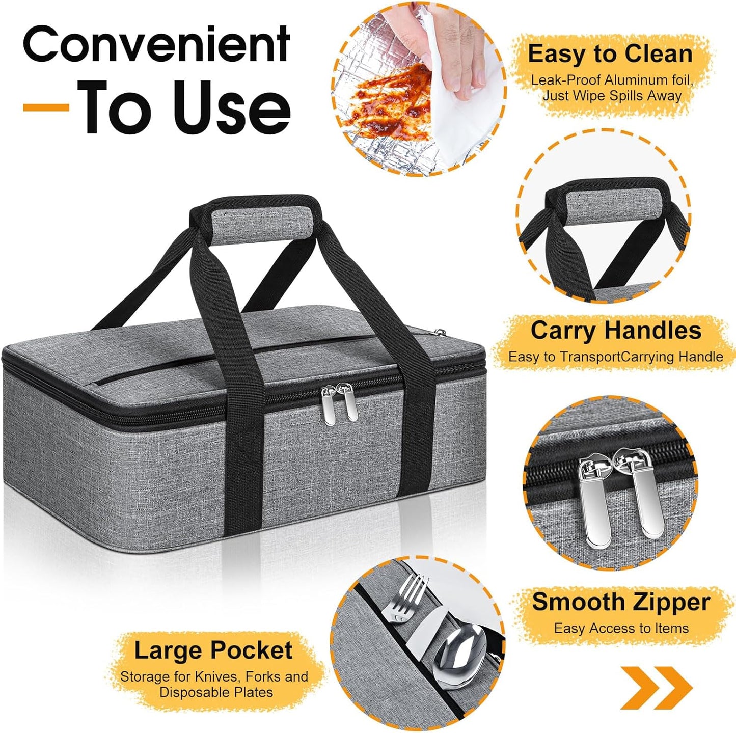 Skiennix Insulated Casserole Carrier - Portable Hot/Cold Food Tote for Potlucks | Fits 9" x 13" Dish - Grey