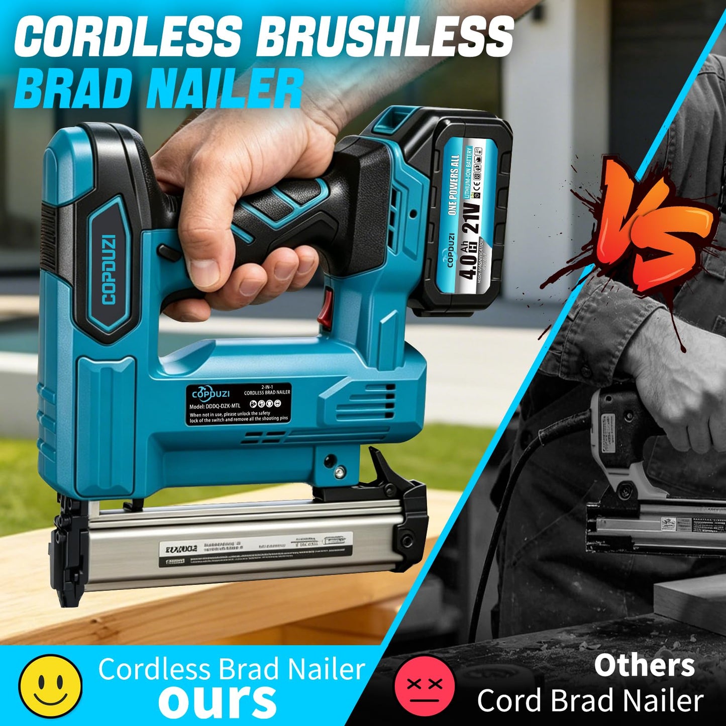 COPDUZI 21V Cordless Nail Gun, 18 Gauge 2-in-1 Electric Brad Nailer With 2 * 4.0Ah Battery, Pistola De Clavos with 2000pcs Nails, Power Nailers Adjustable Depth for Wood, Upholstery & DIY Projects