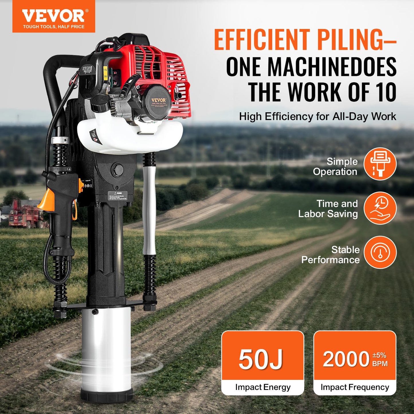 VEVOR Gas-Powered T Post Driver,2-Stroke 1300W,52cc,W/3Head