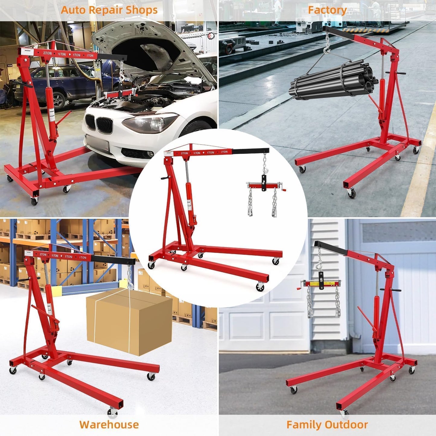 2 Ton Folding Hydraulic Engine Hoist Cherry Picker, 4400 Lbs Capacity, Adjustable Telescoping Boom, Heavy Duty Shop Crane with Load Leveler & 6 Swivel Wheels, for Garage Workshop Warehouse Automotive