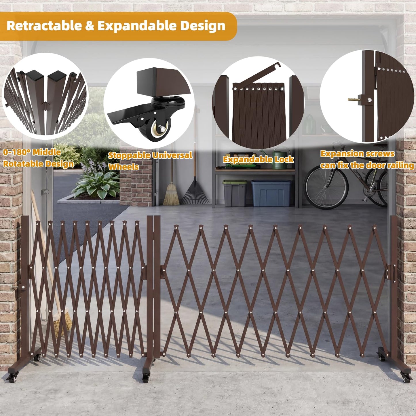 TSAYAWA 213” Wide Expandable Retractable Driveway Gate for Outdoor, Metal Fence Barrier with Lockable Foot Casters, 0-180° Rotatable Two-Segment Yard Garden Gate for Dog Security (213W×39.76H, Grey)