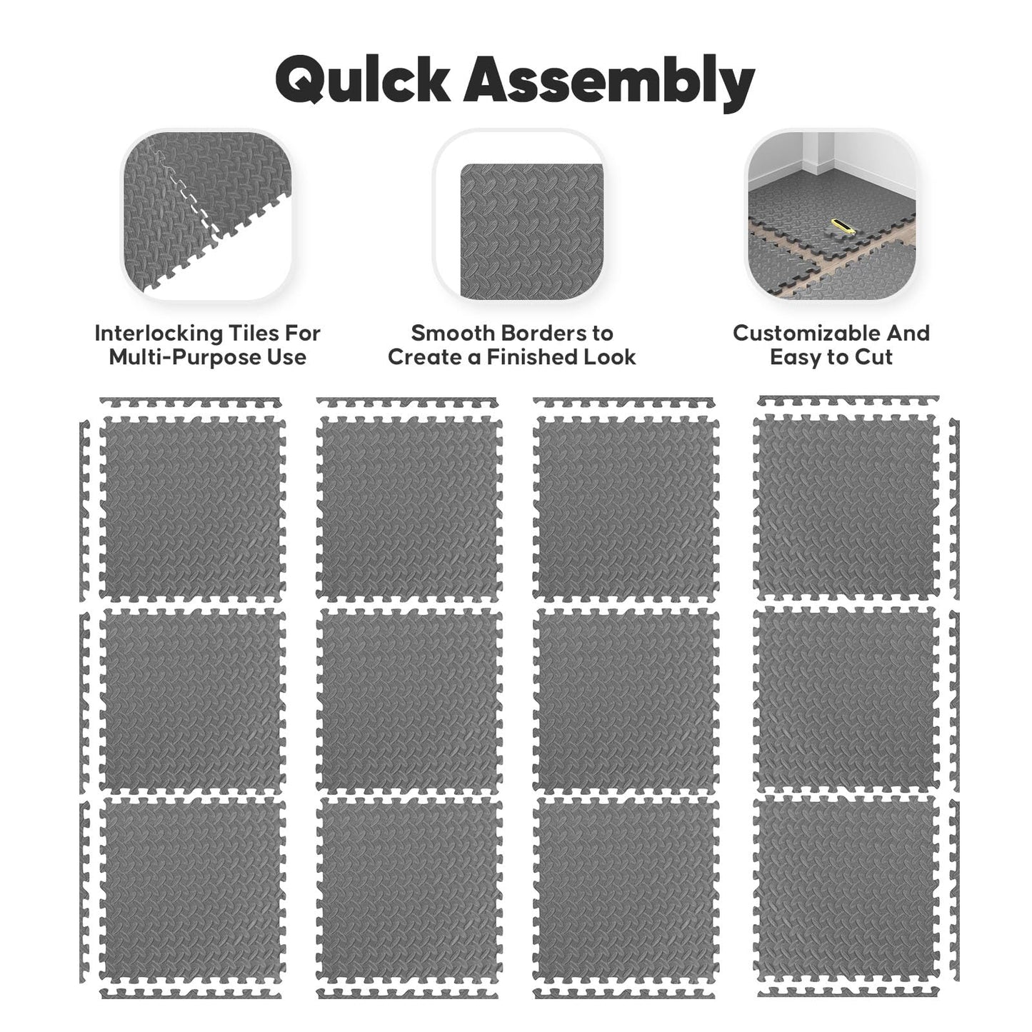 Home Gym Mat, Puzzle Exercise Mat, EVA Interlocking Foam Floor Tiles for Home Workout Equipment and Kids' Play Areas - Grey, 24 in x 24 in x ½ in - 12 Tiles (Grey, 12 Pack, 48 SQ FT)