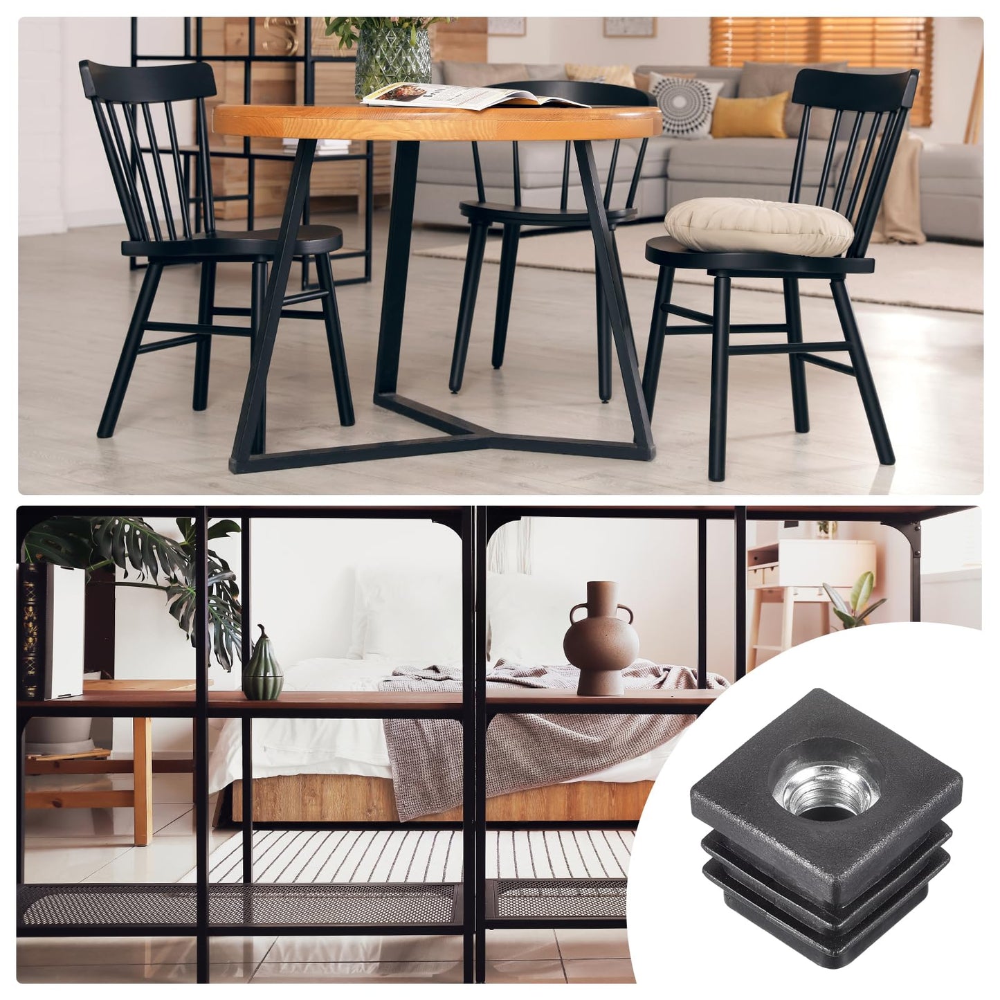 uxcell 4Pcs Inserts for Tubes with M8 Thread, for 0.79"x0.79" OD Square Tube, Square Black Plastic Plug Caster Insert Chair End Caps Furniture Leg Plug