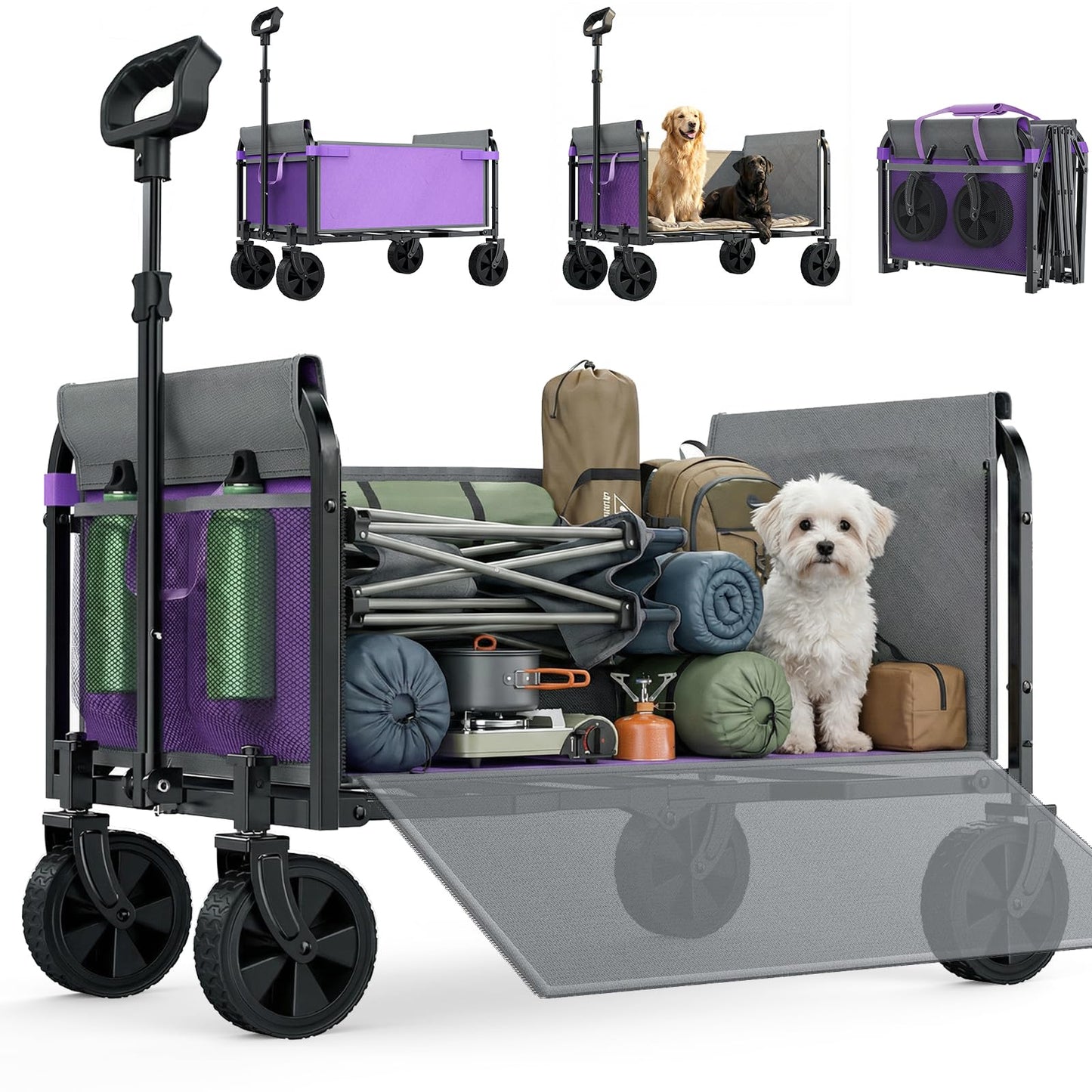 Aimnny Wagons Carts Foldable, Lightweight Collapsible Utility Wagon-220LBS Capacity One-Side Full Zipper, Side Load No Lifting for Light Camping, Grocery, Shopping, Sports & Apartment Moving (Purple)