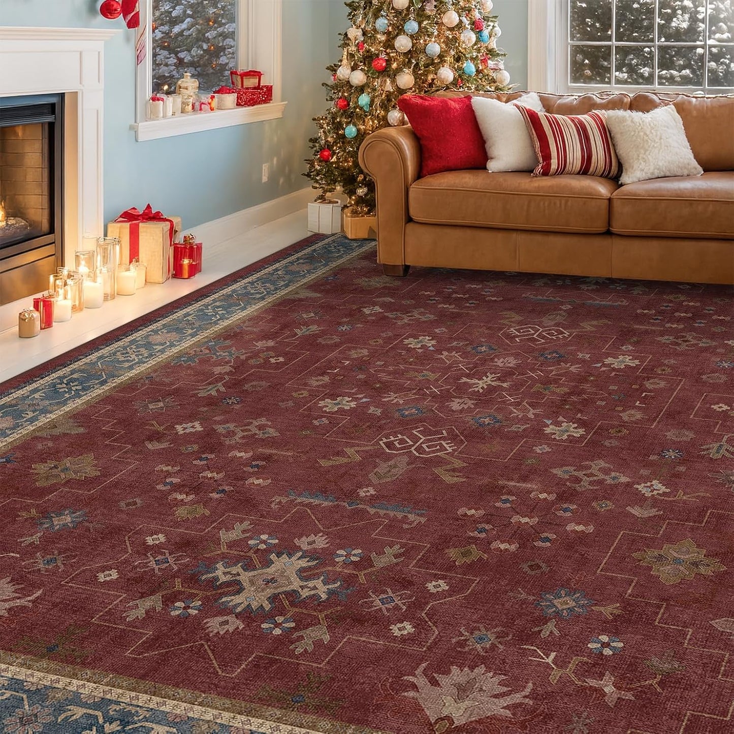 Skiennix 6x9 Dining Room Rug - Vintage Burgundy Boho Design, Lightweight & Washable Carpet