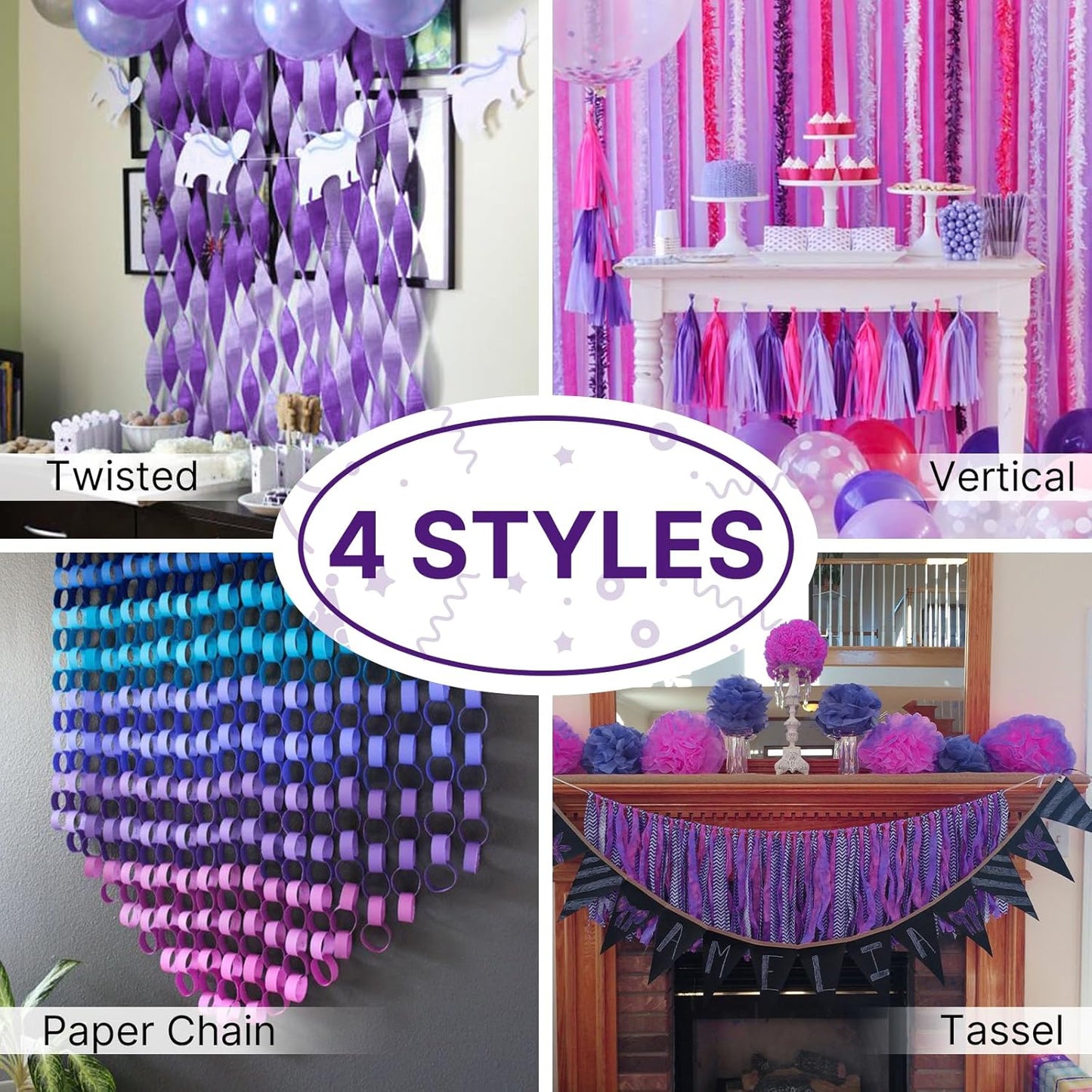 PartyWoo Purple Crepe Paper Streamers - 8pcs 656ft Light & Dark Purple, Lavender, White, Silver for Birthday & Graduation Decor