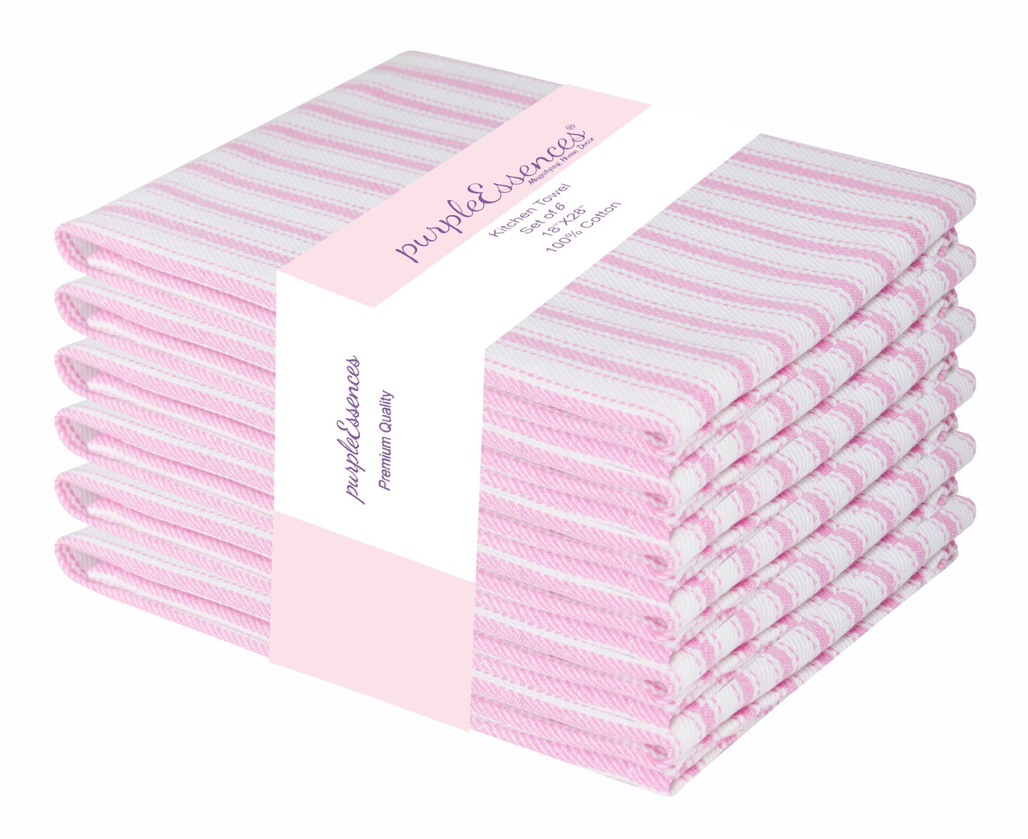 PurpleEssences Stripe Kitchen Towels - Set of 6, 18x28 Inch - 100% Cotton, Absorbent & Reusable Dish Towels with Hanging Loop French-Inspired Style - Spring Easter Summer - Pink