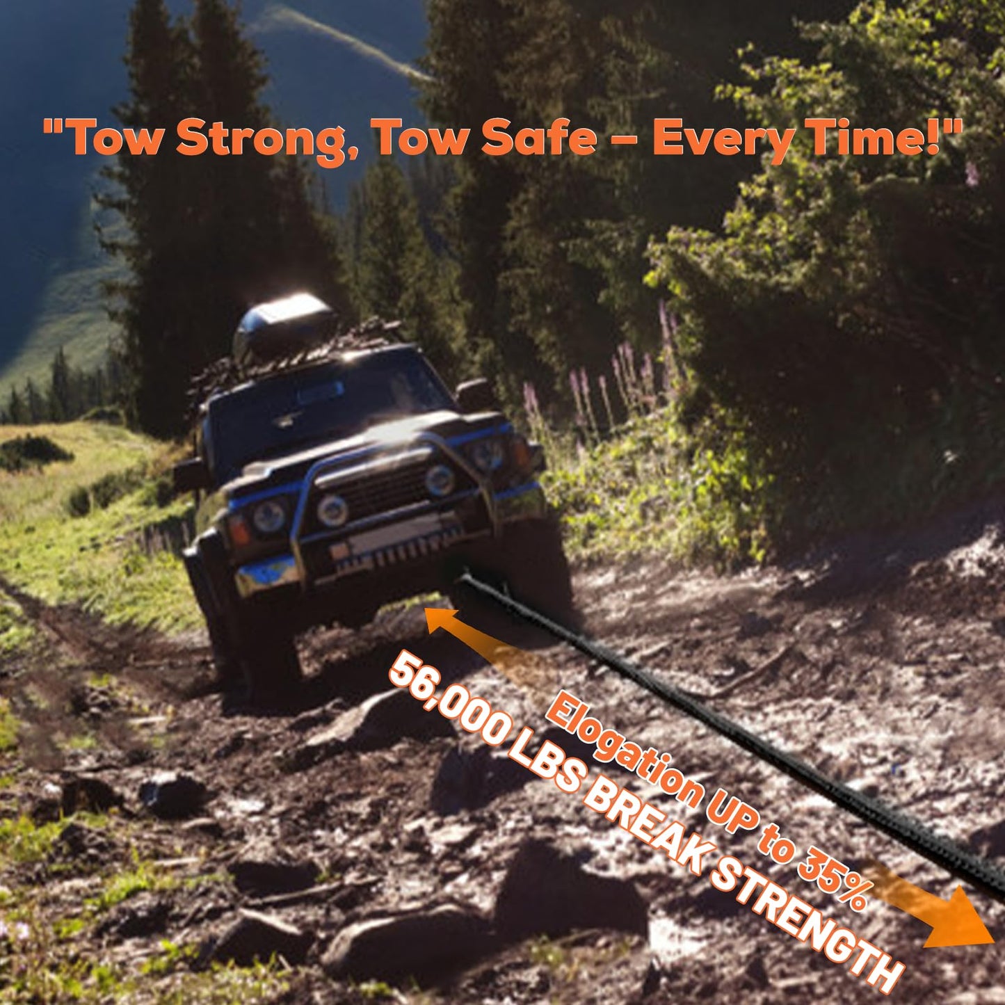YUNPEAK 1.26" x 30ft Heavy-Duty Kinetic Recovery Rope – 56,000lbs Break Strength – Includes 2 Ultra-Strong UHMWPE Soft Shackles – Ideal for Trucks, SUVs, Jeeps, UTVs, ATVs & Tractors (Black)