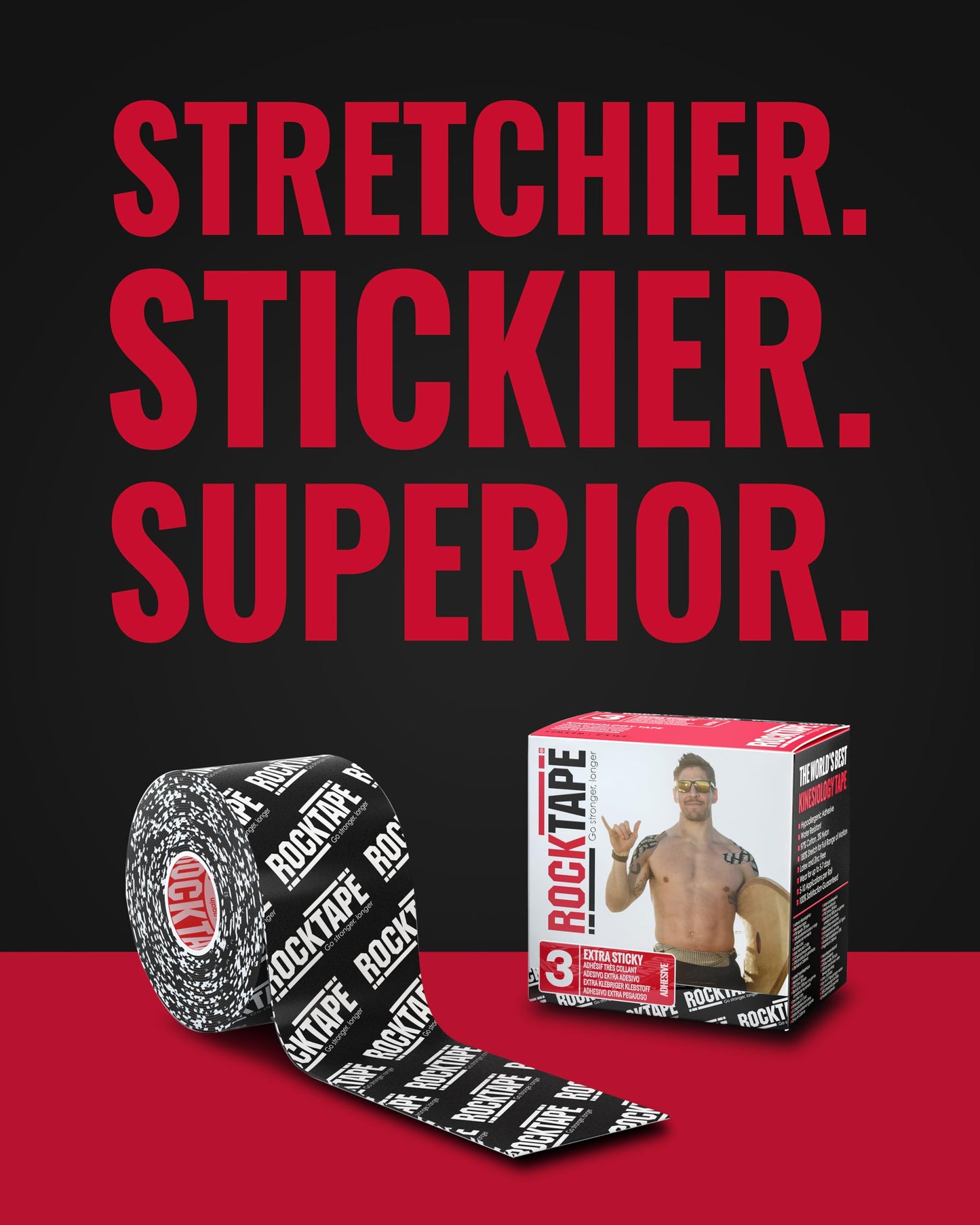 RockTape Extra Sticky 2" x 16.4' Kinesiology Tape (Logo,Black), Athletic Tape for Muscle Pain Relief, Injury Recovery, Microscopic Skin Lifting & Decompression, Sweat & Water Resistant, Hypoallergenic