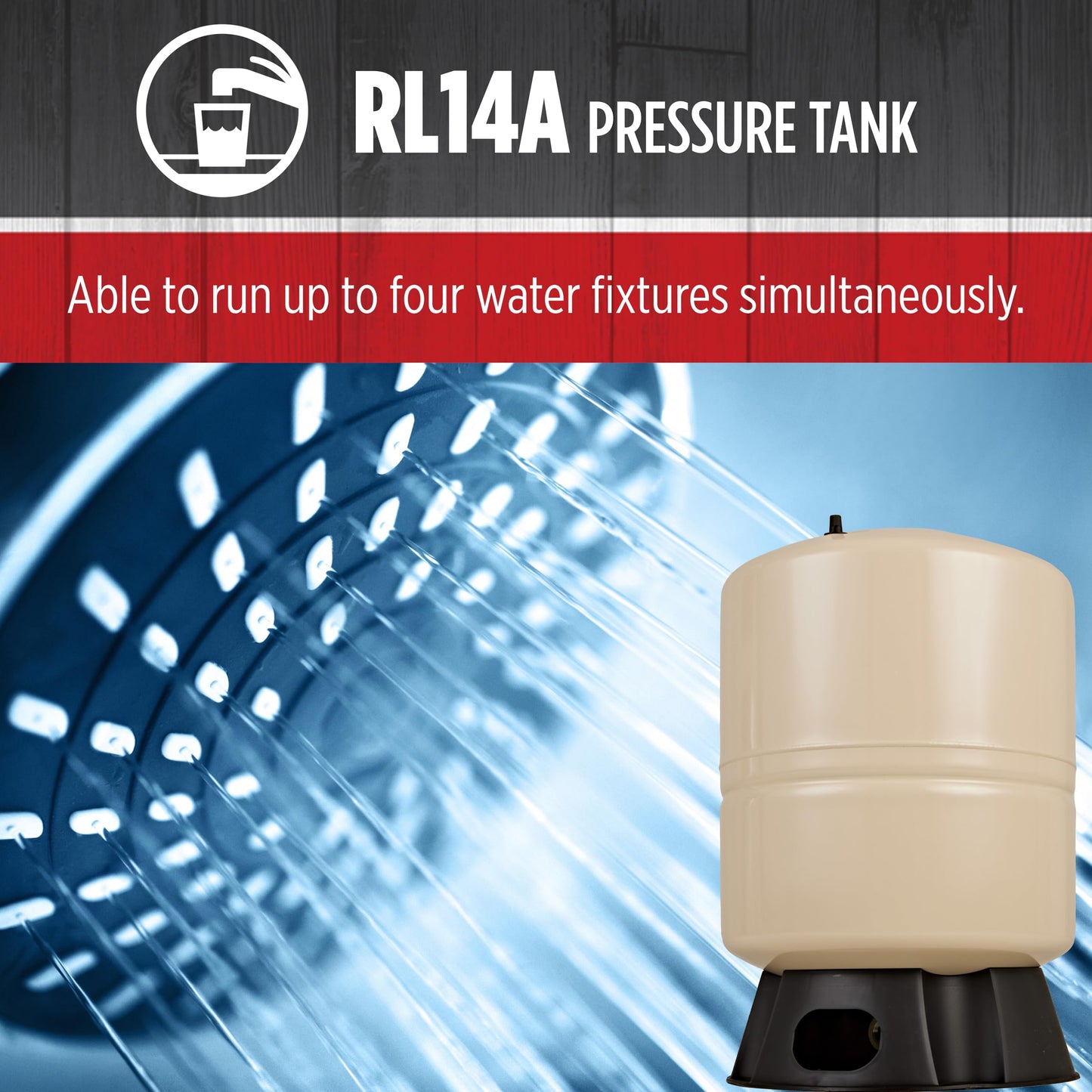Red Lion RL14A - 14-Gallon Vertical Pre-Charged Pressure Tank with Thermoplastic Base for Well Pumps, 1-Inch FNPT Elbow System Connection, Almond, 604687