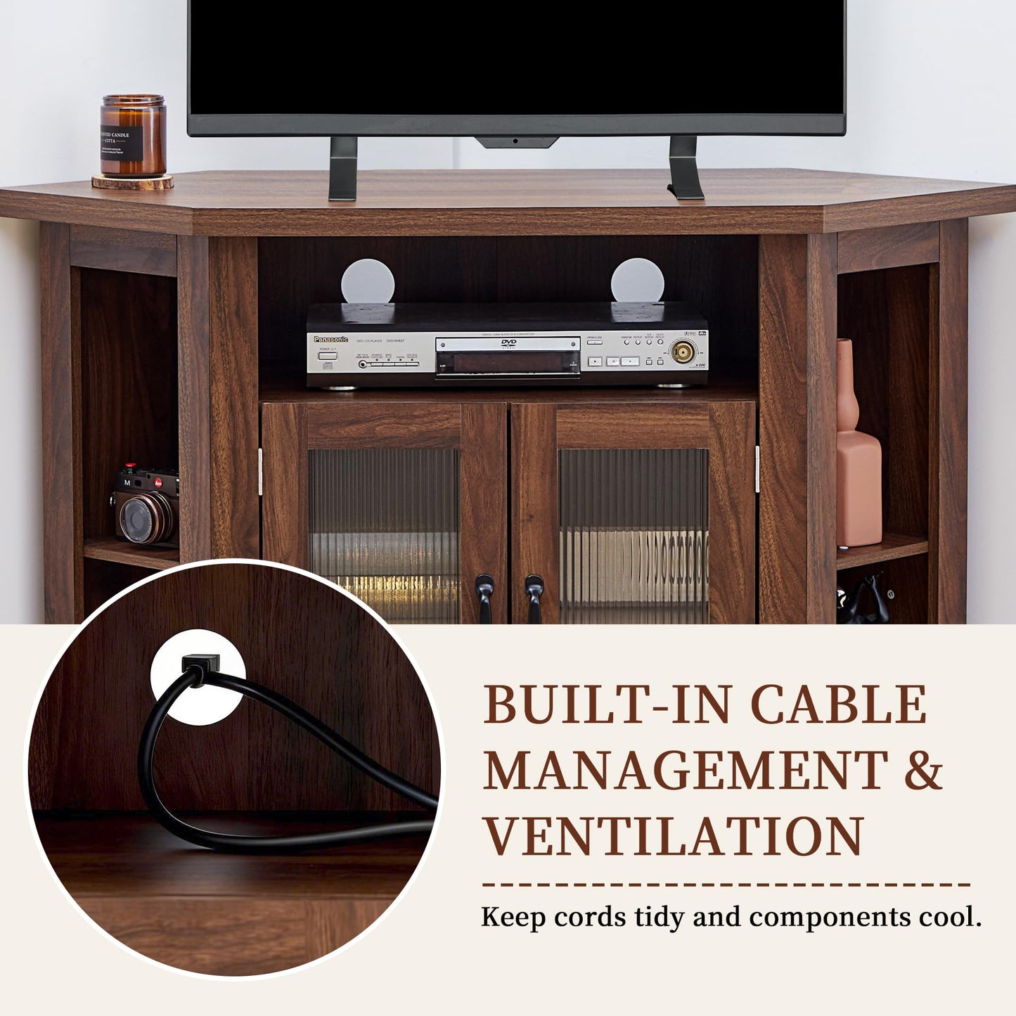 weselon Corner TV Stand for TVs up to 48 Inch, Media Entertainment Center with Storage Shelves and 2 Doors, Console Table Buffet Cabinet for Living Room Bedroom (Walnut)