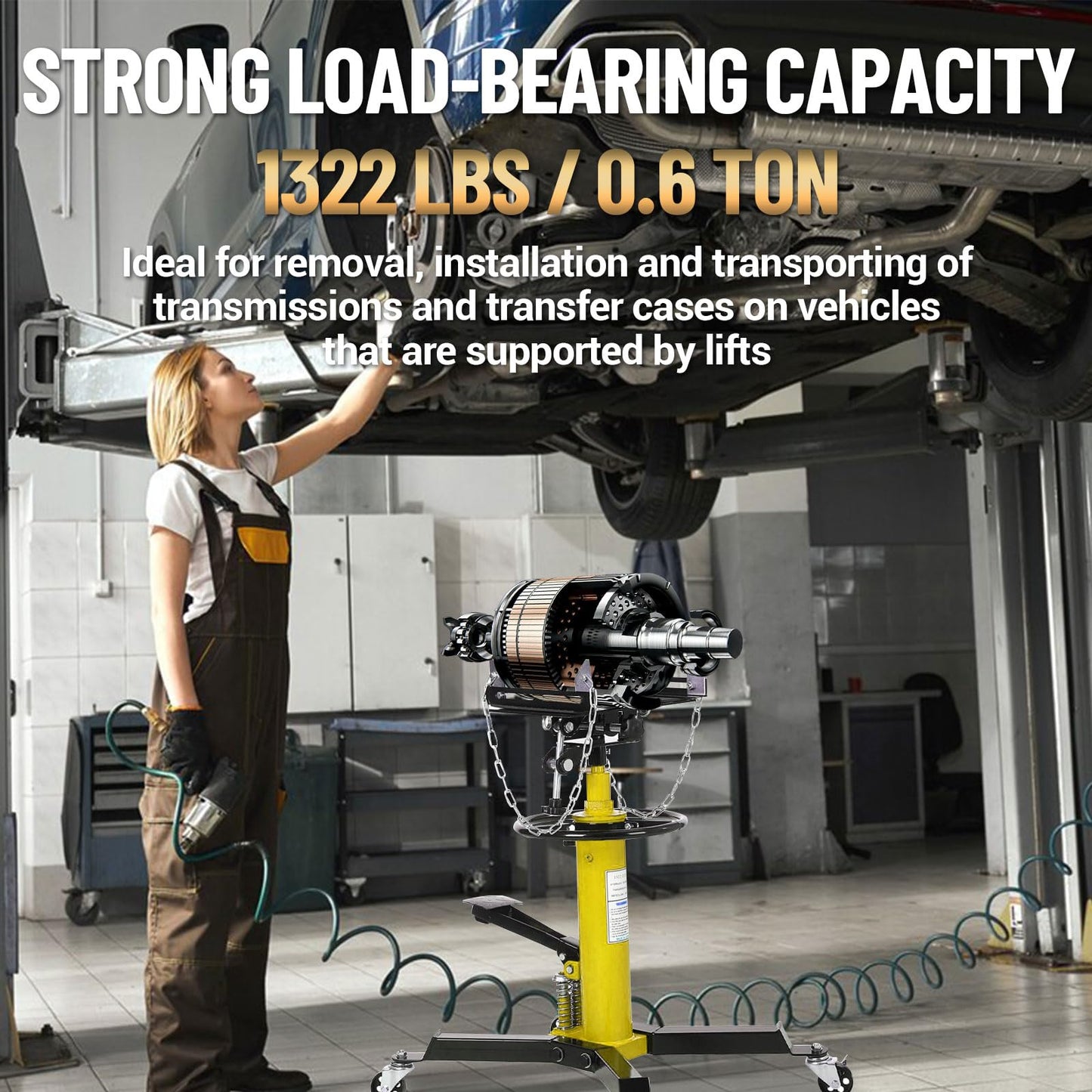 1322LBS Capacity 2-Plunger Fast Lift Transmission Jack with 33.5-69in Lifting Height - 2-Stage Hydraulic Telescopic Jack with Foot Pedal and 360° Swivel Wheel