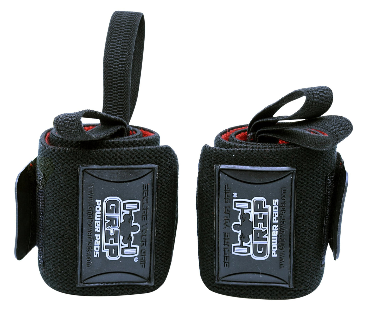 Grip Power Pads Deluxe Wrist Wraps 13" Long (1 Pair /2 Wraps) for Weight Lifting Wrist Support Cotton Wraps Gym Bandage Straps for Men & Women - Premium Quality & PRO Rubber (Black/Red, 18" Inches)
