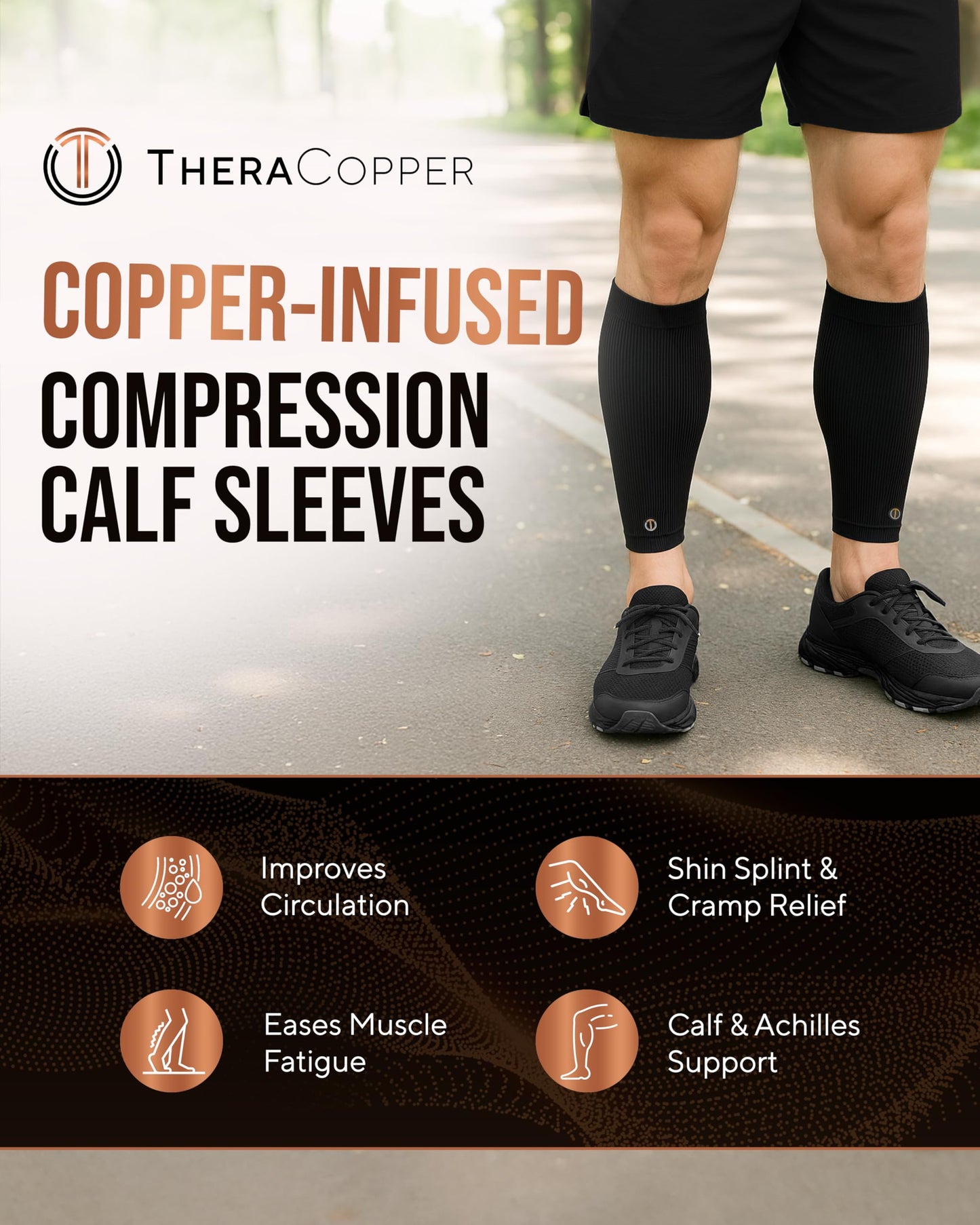 TheraCopper Copper Calf Compression Sleeve — Premium Copper Compression Shin Sleeve for Men & Women — Breathable & Non-Slip Leg Sleeves for Runners, Shin Splints, Muscle Recovery & Leg Fatigue (Large)