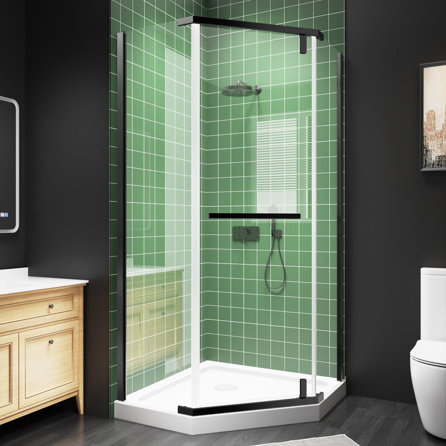 36" W x 36" D x 72" H Frameless Neo-Angle Shower Enclosure, Pivot Glass Shower Door with 1/4" (6mm) Clear SGCC Tempered Glass, Matte Black Finish, Reversible Installation