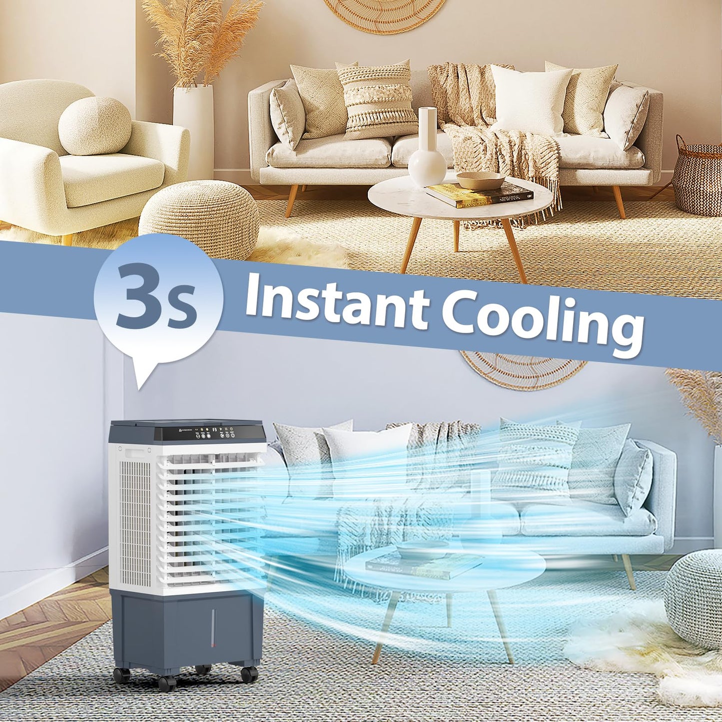 Evaporative Air Cooler with 4 Ice Box, 1800 CFM Portable Air Cooling Fan with 5.3 Gallon Water Tank, 120°Oscillation, Remote, 12H Timer, Removable Cooler Tower Fan with 3 Speeds for Bedroom Office