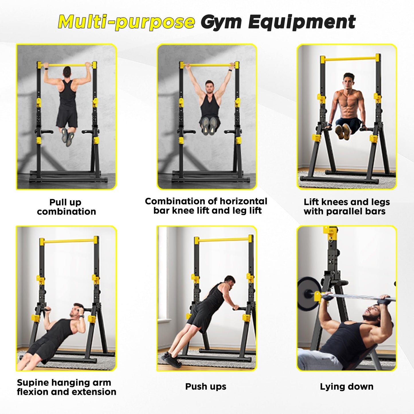 DlandHome Foldable Power Tower Pull Up Bar Dip Station, Adjustable Height Multifunction Workout Pull Up Tower Station for Home Gym, Strength Training Equipment, Triangular Legs, Up to 330lbs, Yellow